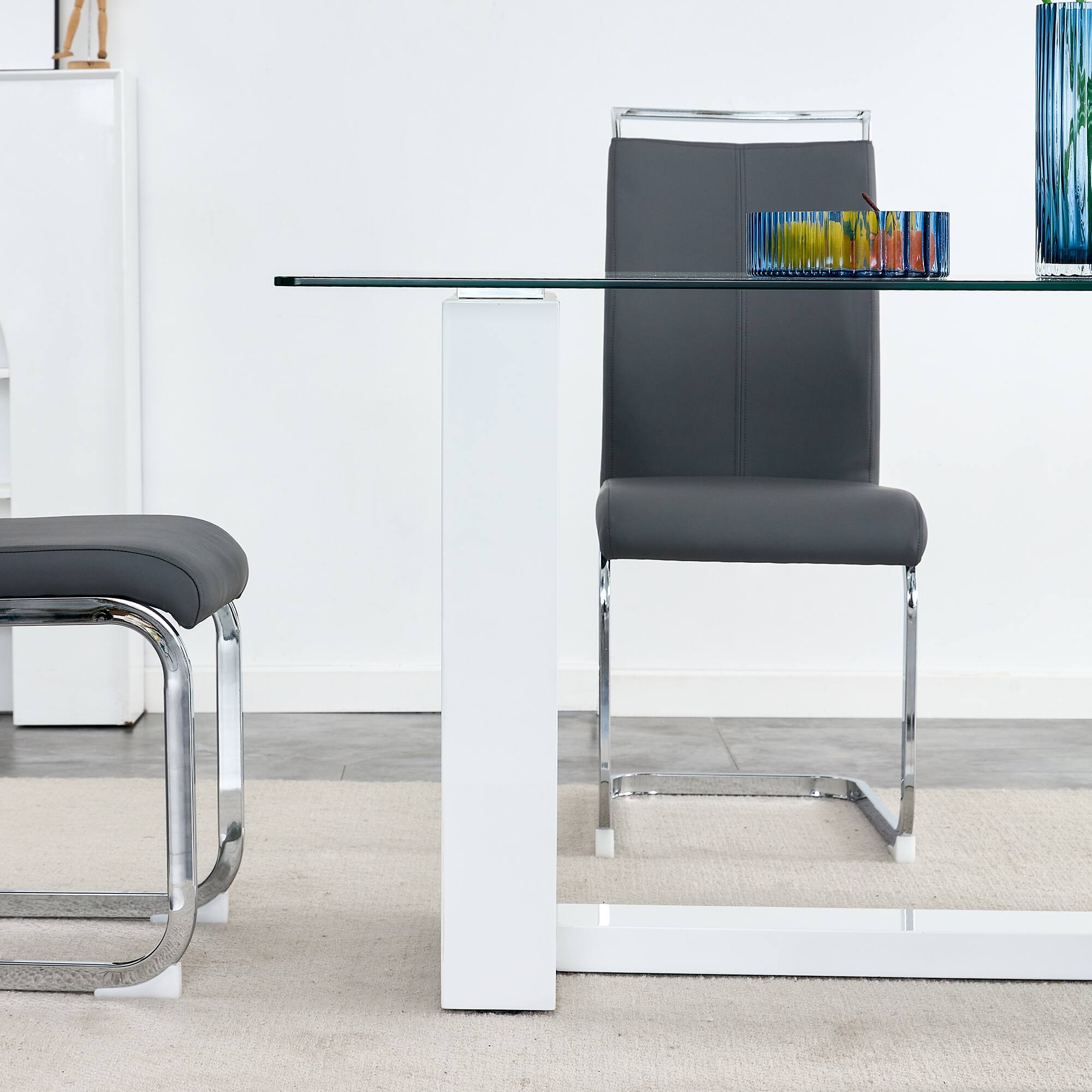 Alt View 10. Tiramisubest - Modern Minimalist Rectangular Dining Table for 6-8 with Tempered Glass Tabletop and white MDF Trapezoid Bracket - Transparent,White.