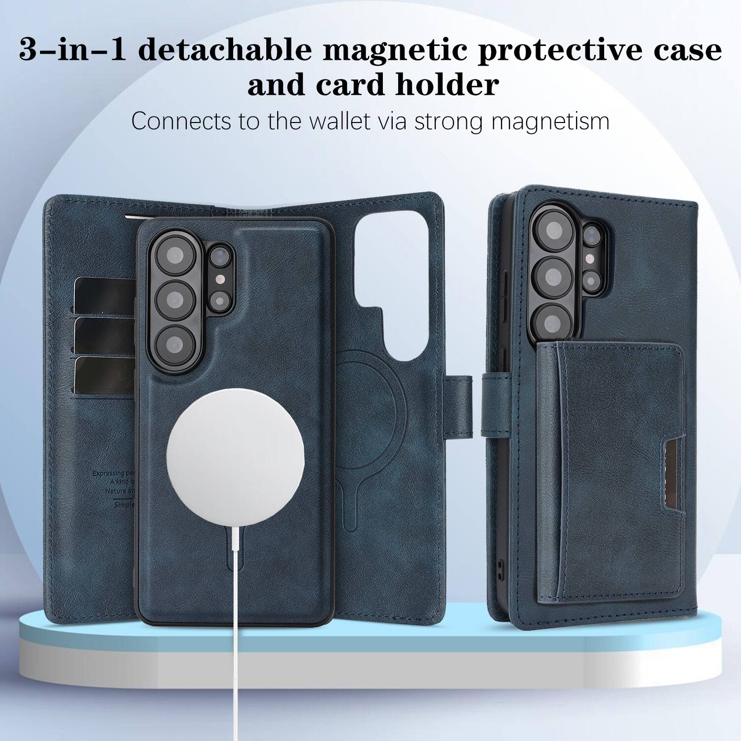 3-in-1 detachable magnetic protective case and card holder  
Connects to the wallet via strong magnetism
