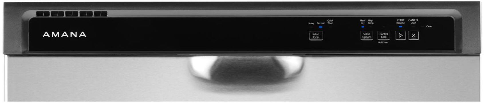 Amana is a brand that manufactures various appliances, including washing machines. The image shows a close-up of a washing machine made by Amana. The machine has a control panel with multiple buttons, including options for selecting the wash cycle, dry cycle, and additional settings. The control panel also features a lock function to prevent unauthorized use and a cancel button to stop the washing process. The machine is designed to handle heavy loads and offers a variety of wash and dry cycle options to suit different laundry needs.