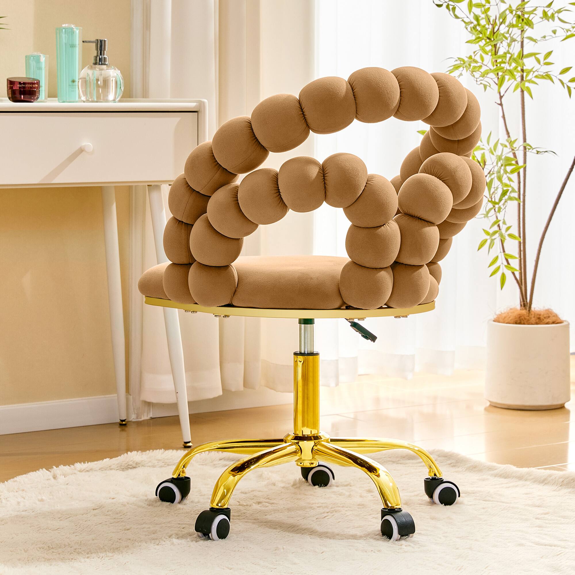 Left. Loheer - Loheer- Velvet Swivel Office Chair Bubble Back Vanity Chair for Bedroom Makeup Room Gold Base Wheels 2.1 ft - Brown,Gold.