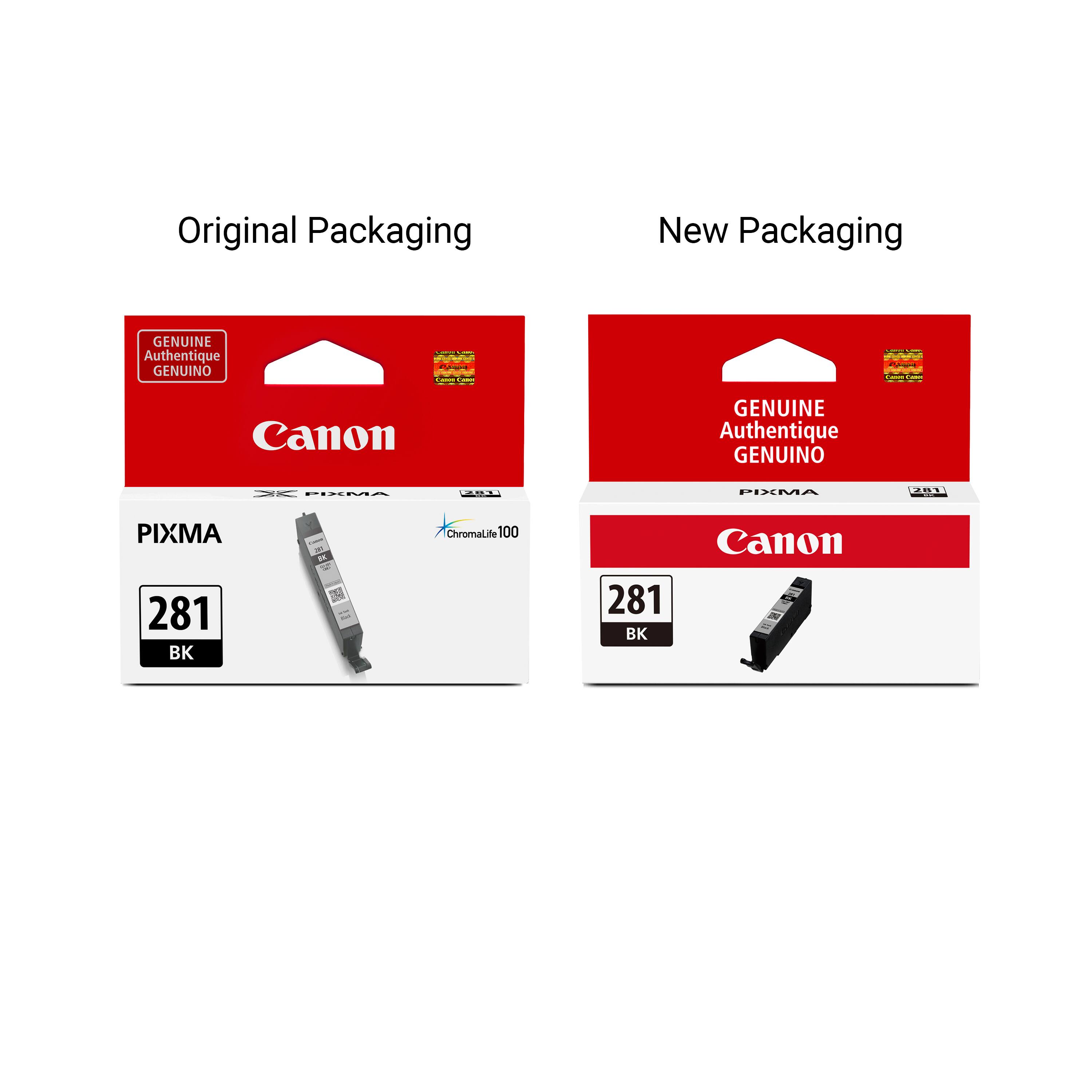 Original Packaging  
New Packaging  

GENUINE Authentique GENUINO  
Canon  

PIXMA  
ChromaLife 100  

281 BK  

281 BK