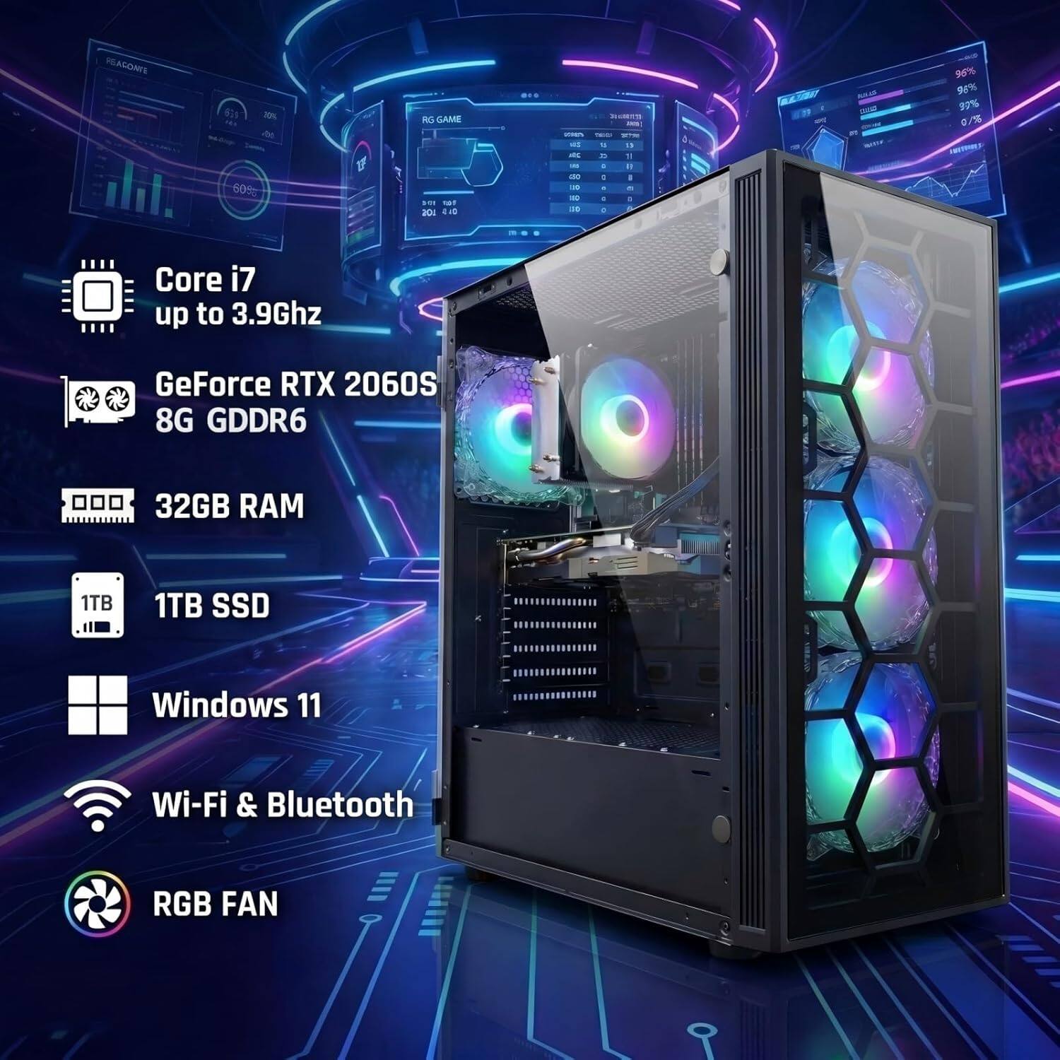 HEASGA 62 30% TH 60% RO GAME I - 201 ... - - - - - - - as - - + + - -. 1 . . - . 96% 9% 97% 0/% Core i7 up to 3.9Ghz GeForce RTX 2060S 8G GDDR6 32GB RAM 1TB 1TB SSD Windows 11 Wi-Fi & Bluetooth RGB FAN
