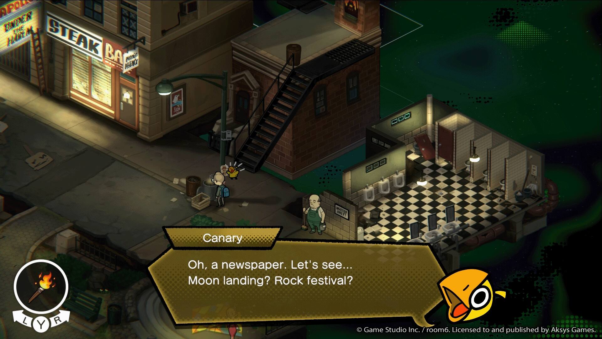 APOLI UNDER THE XX  
HAREM STEAK BA AGENCY PROVIENT  
000  
...  
ONLY!  
Canary  
Oh, a newspaper. Let's see... Moon landing? Rock festival?  
L  
Y  
R  
Game Studio Inc. / room6. Licensed to and published by Aksys Games.