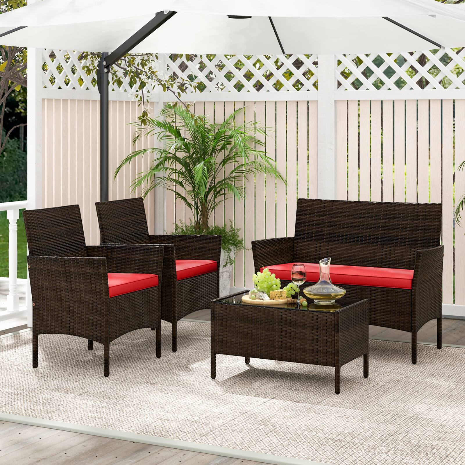 Alt View 3. Gymax - Gymax 4PCS Outdoor Furniture Set Patio Rattan Conversation Set w/ Red Cushion - Red.