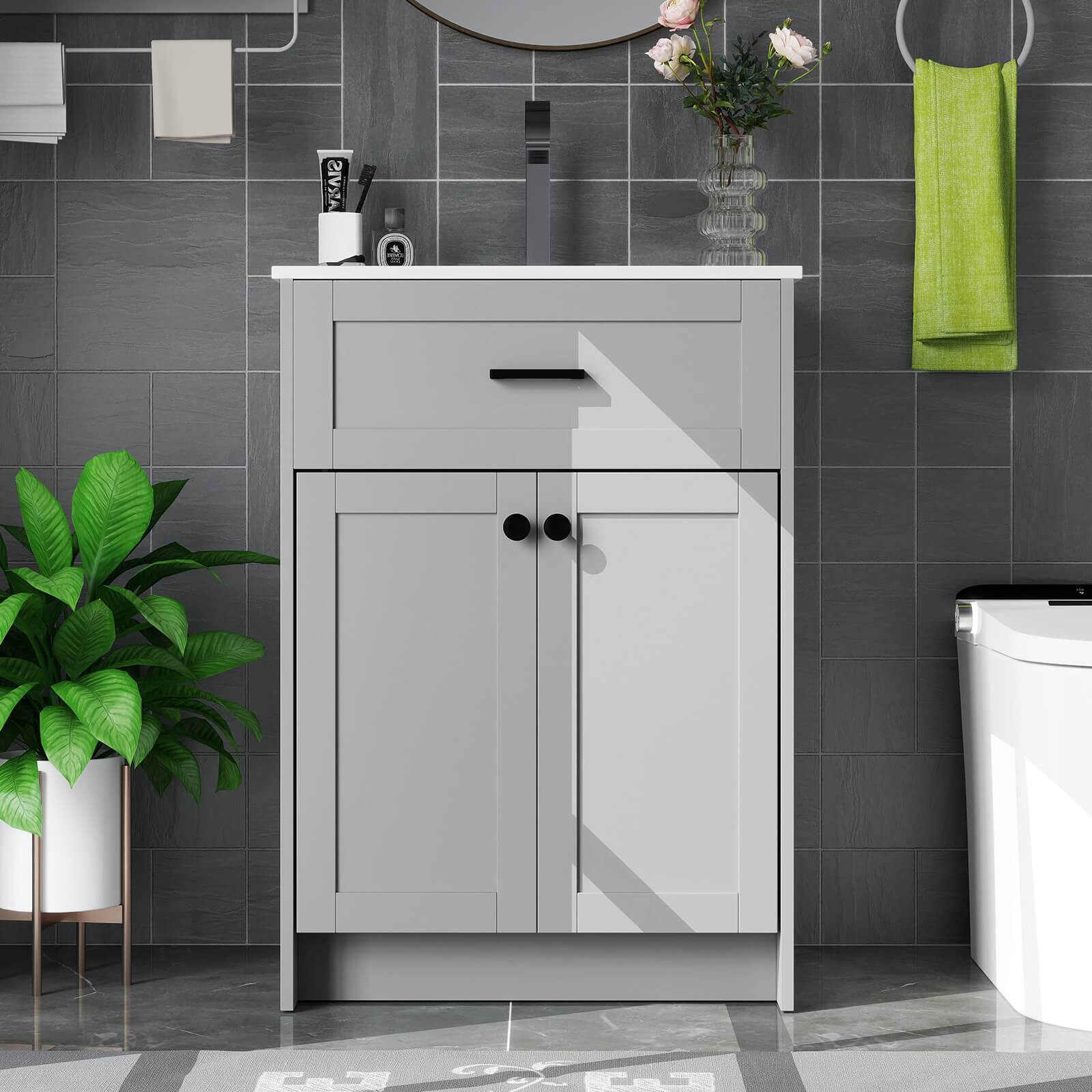 Left. Costway - Costway Bathroom Vanity Unit with Basin Under Sink Bathroom Storage Cabinet Freestanding - Gray.