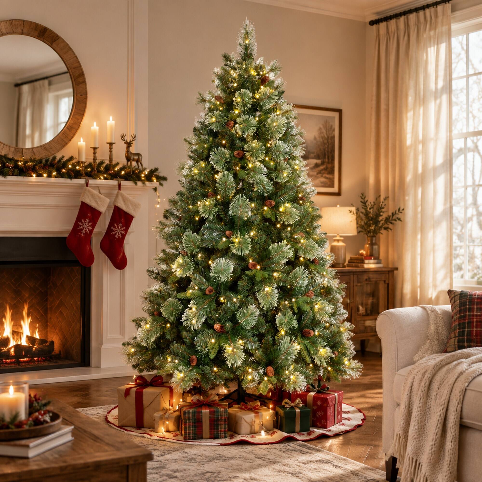 Angle. RYHNUYNE - 8FT Pre-Lit Artificial Christmas Tree With 660 Warm White LED Lights and 1897 Tips, Pine Cones and Iron Base - Green.