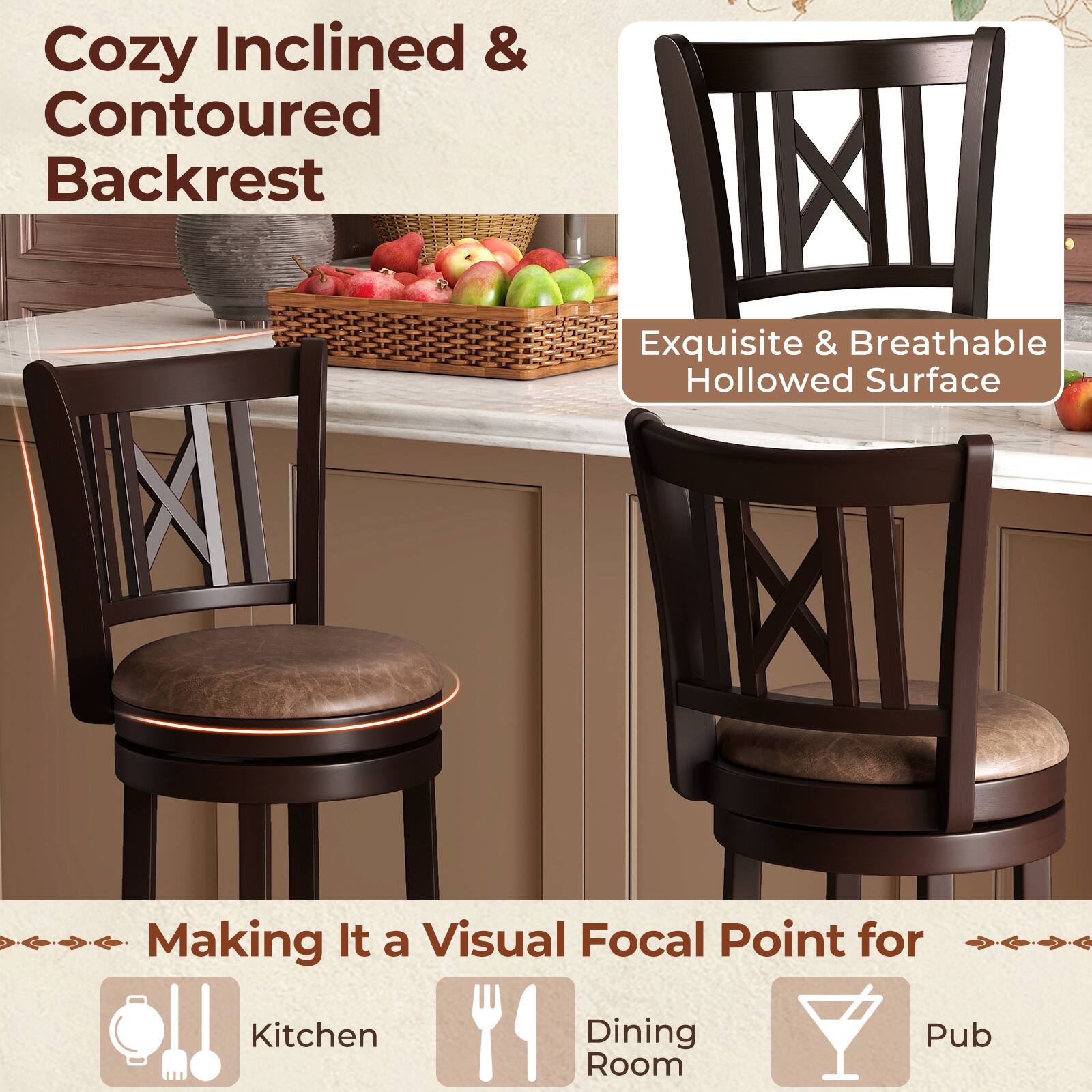 Cozy Inclined & Contoured Backrest

Exquisite & Breathable Hollowed Surface

Making It a Visual Focal Point for Kitchen, Dining Room, Pub