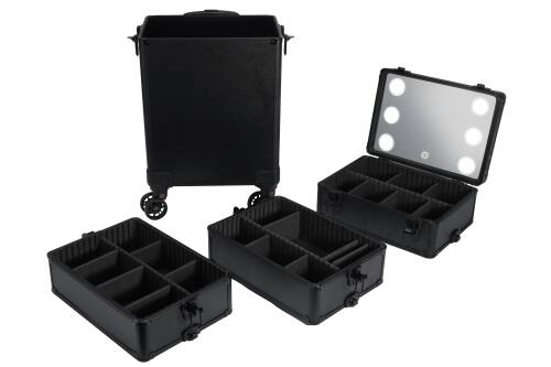 Alt View 2. Winado - 4 in 1 Rolling Makeup Case with 3 Color LED Light Mirror with Key 360° Swivel Wheels for Beauticians Hairstylists Nail - Black.