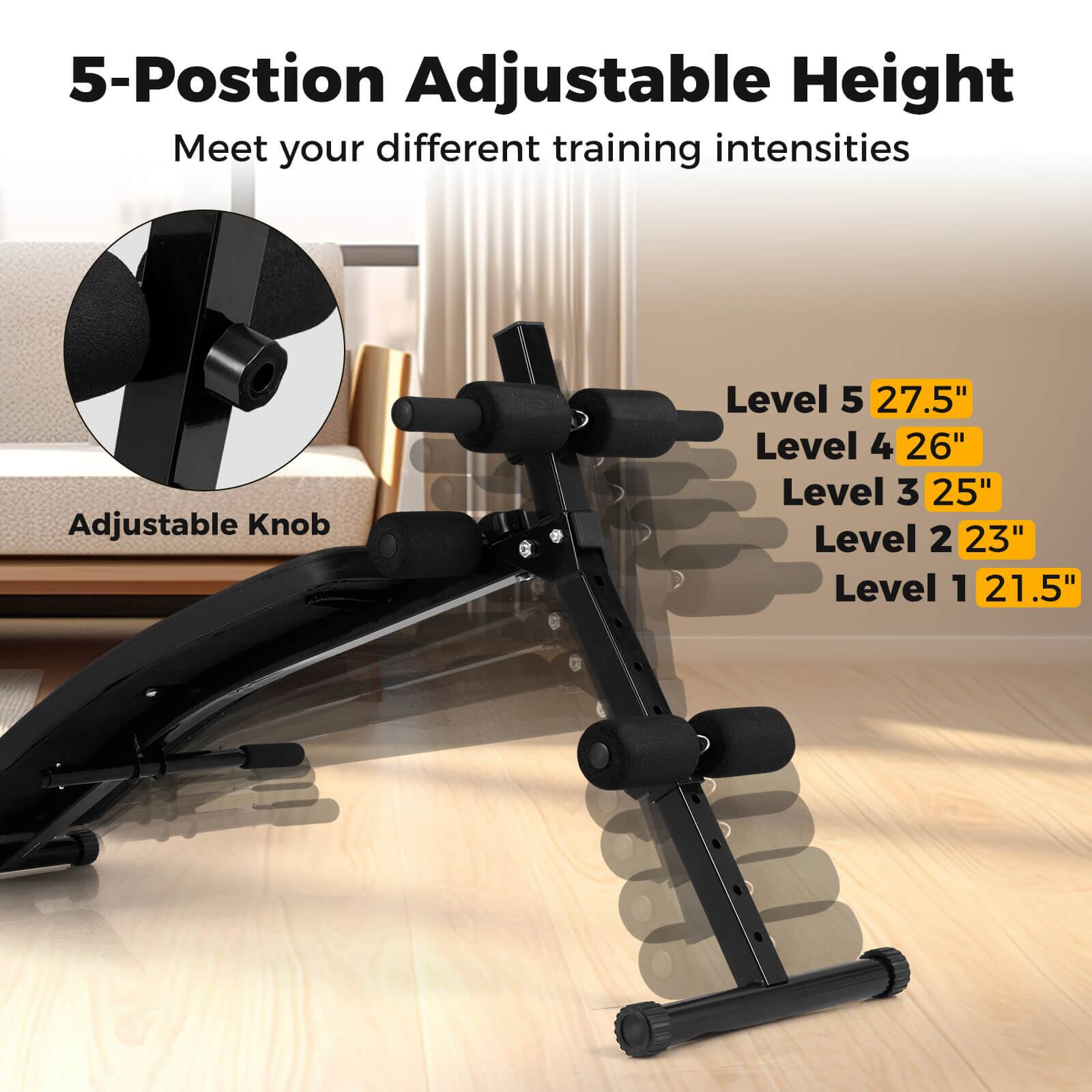 5-Position Adjustable Height  
Meet your different training intensities  

Adjustable Knob  
Level 5 27.5"  
Level 4 26"  
Level 3 25"  
Level 2 23"  
Level 1 21.5"