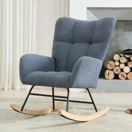 Front. Loheer - Loheer Teddy Fabric Rocking Chair Navy Wingback Glider Rocker with Solid Wood Base Comfy Nursing Lounge Seat for Nursery - Navy.