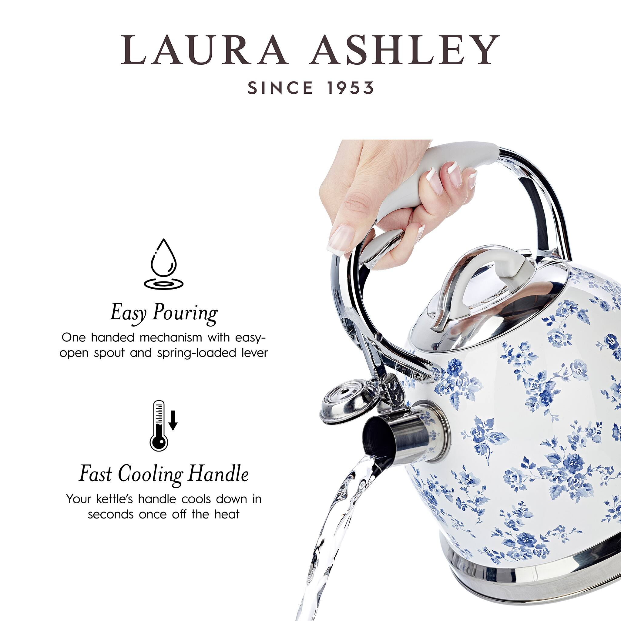 LAURA ASHLEY  
SINCE 1953  

Easy Pouring  
One handed mechanism with easy-open spout and spring-loaded lever  

Fast Cooling Handle  
Your kettle's handle cools down in seconds once off the heat