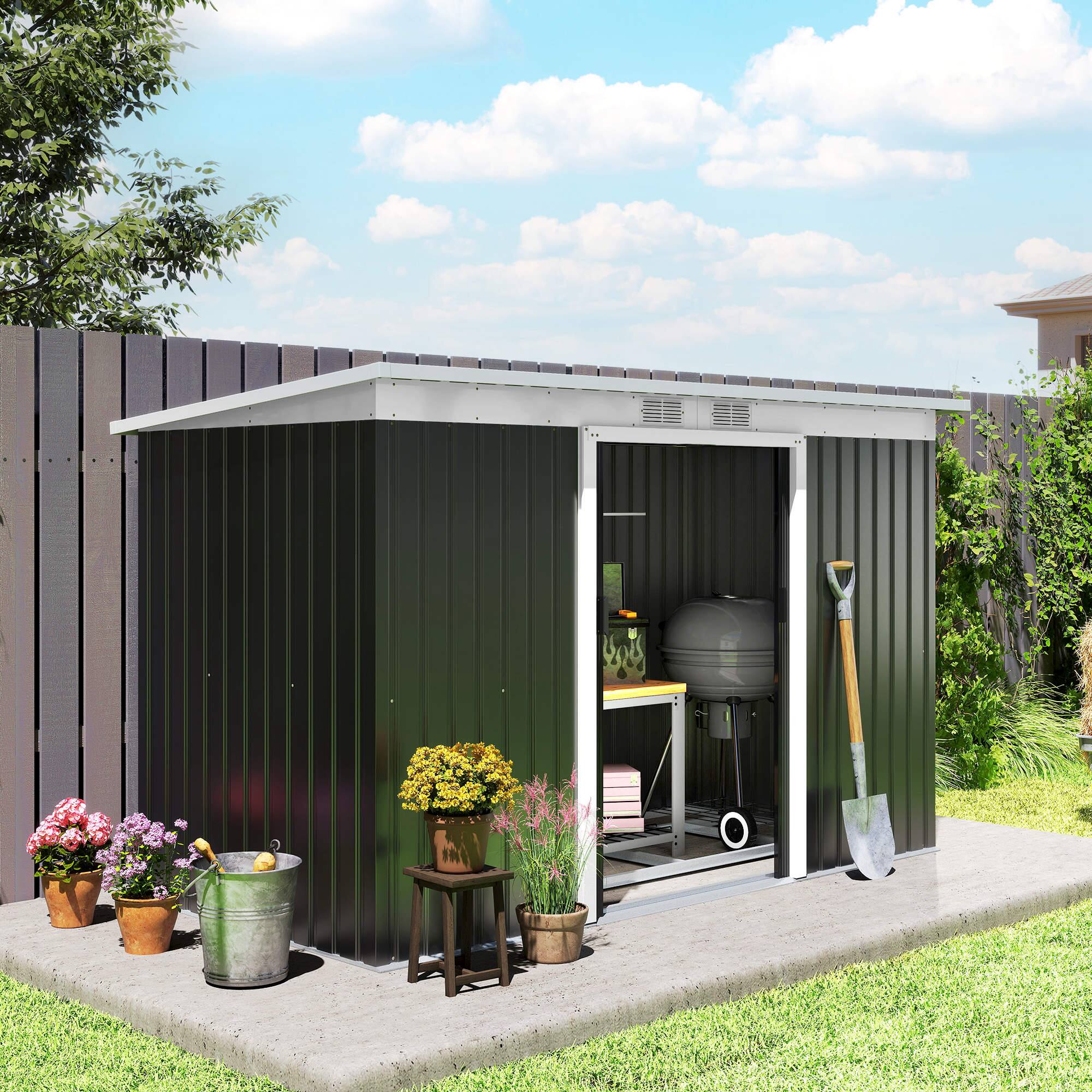 Alt View 1. Outsunny - 9' x 4' Outdoor Storage Shed, Metal Garden Tool House with Sloping Roof and Lockable Door for Backyard, Bike, Patio.