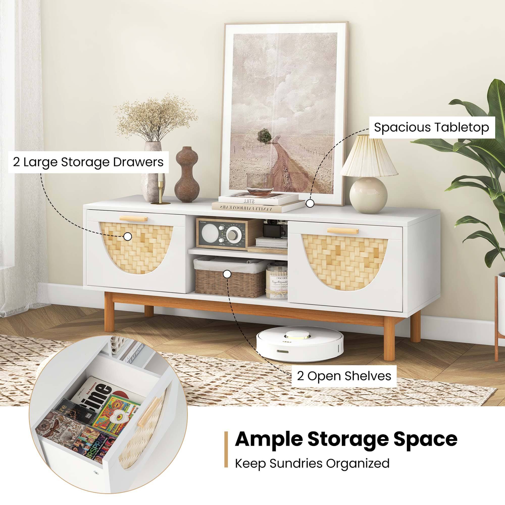 The text on the image reads: "Spacious Tabletop 2 Large Storage Drawers STILL NAMTFAEA INHBI LETIFAR ine I IRSPR/Y 2 Open Shelves Ample Storage Space Keep Sundries Organized."
