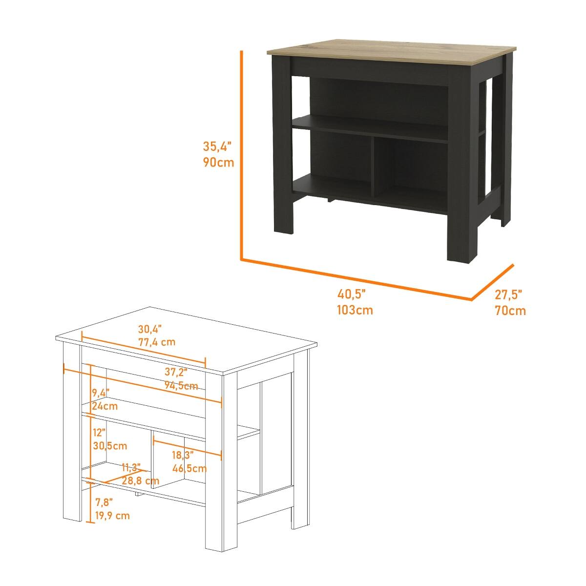 35,4" 90cm  
30,4" 77,4 cm  
40,5" 103cm  
27,5" 70cm  
9,4" 24cm  
37,2" 94,5cm  
12" 30,5cm  
18,3" 46,5cm  
11,3" 28,8 cm  
7,8" 19,9 cm