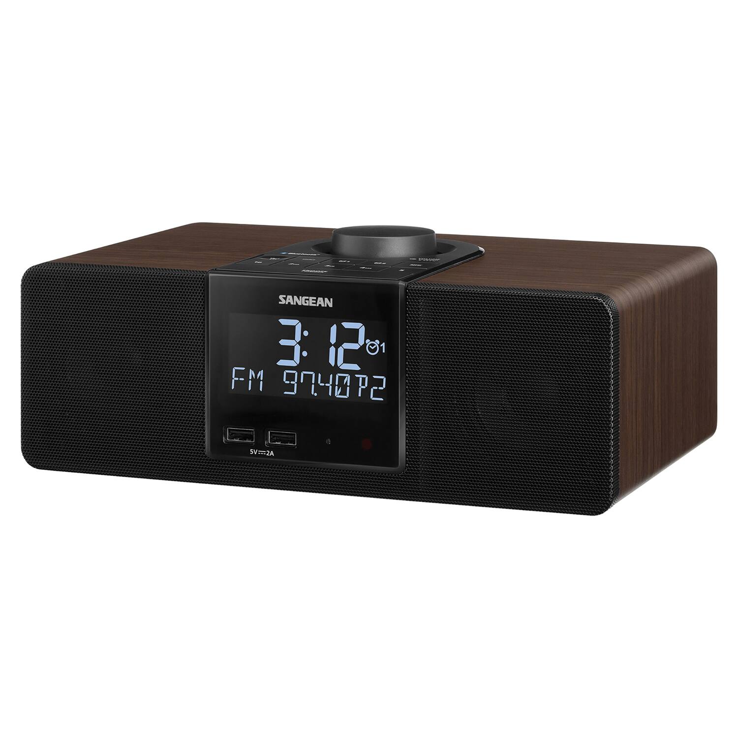 Sangean - AM/FM Bluetooth Tabletop Wooden Clock Radio, Alarm, Sleep Timers - Walnut