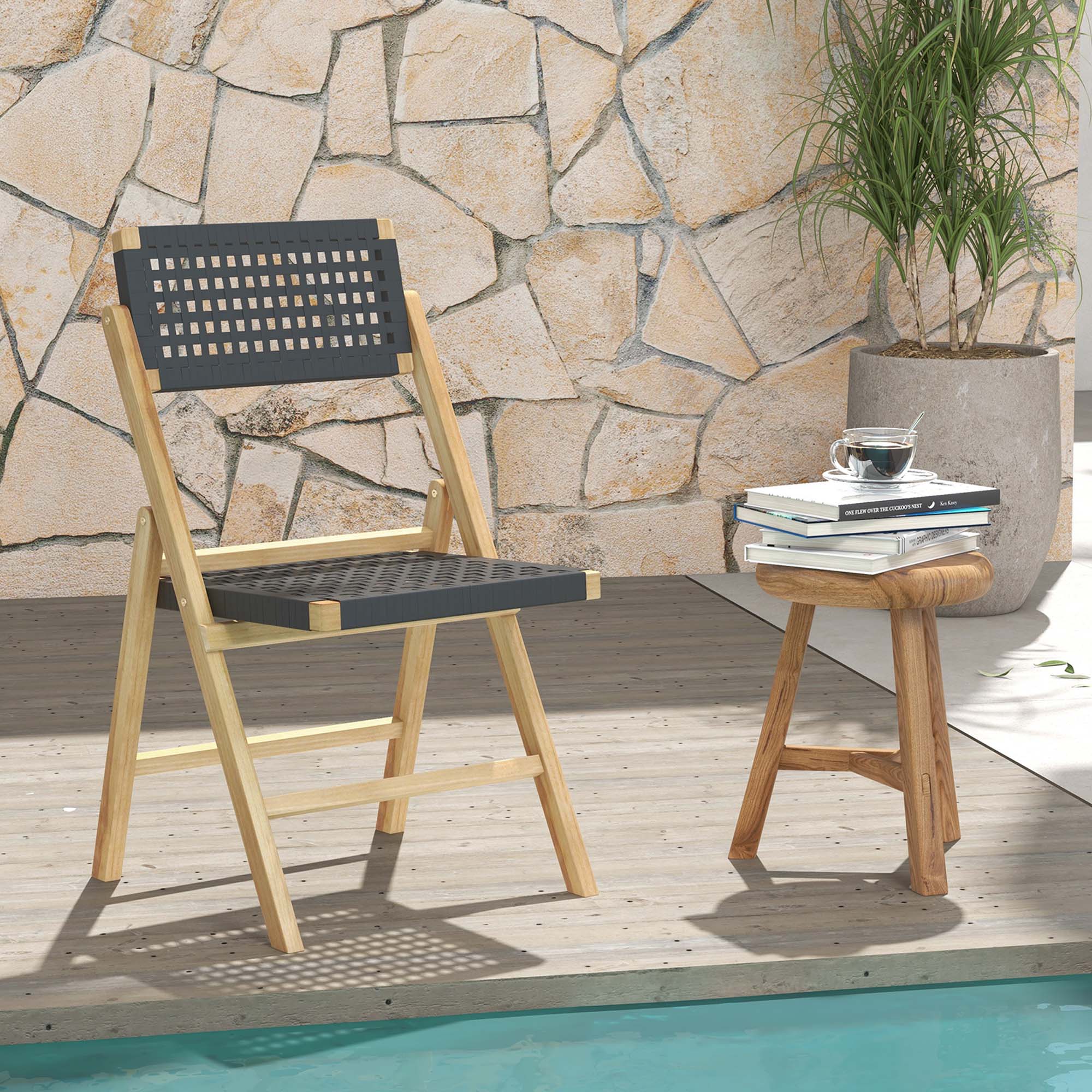Angle. Costway - 2 Piece Patio Folding Chairs with Woven Rope Seat & High Back Indonesia Teak Wood for Porch - Natural + Black.