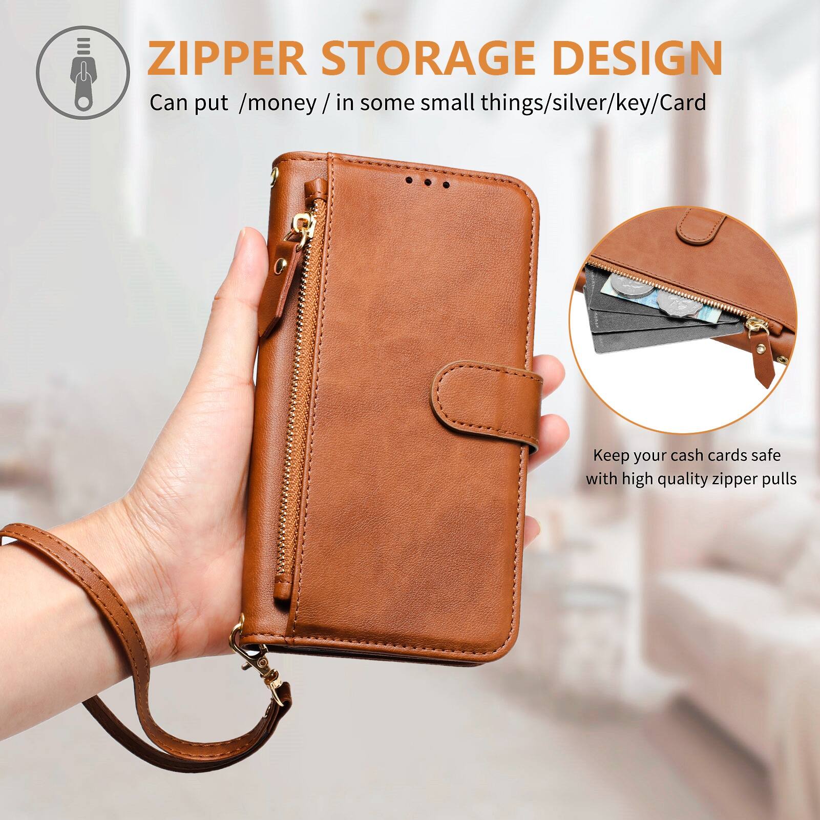 ZIPPER STORAGE DESIGN  
Can put /money/ in some small things/silver/key/Card  

Keep your cash cards safe with high quality zipper pulls