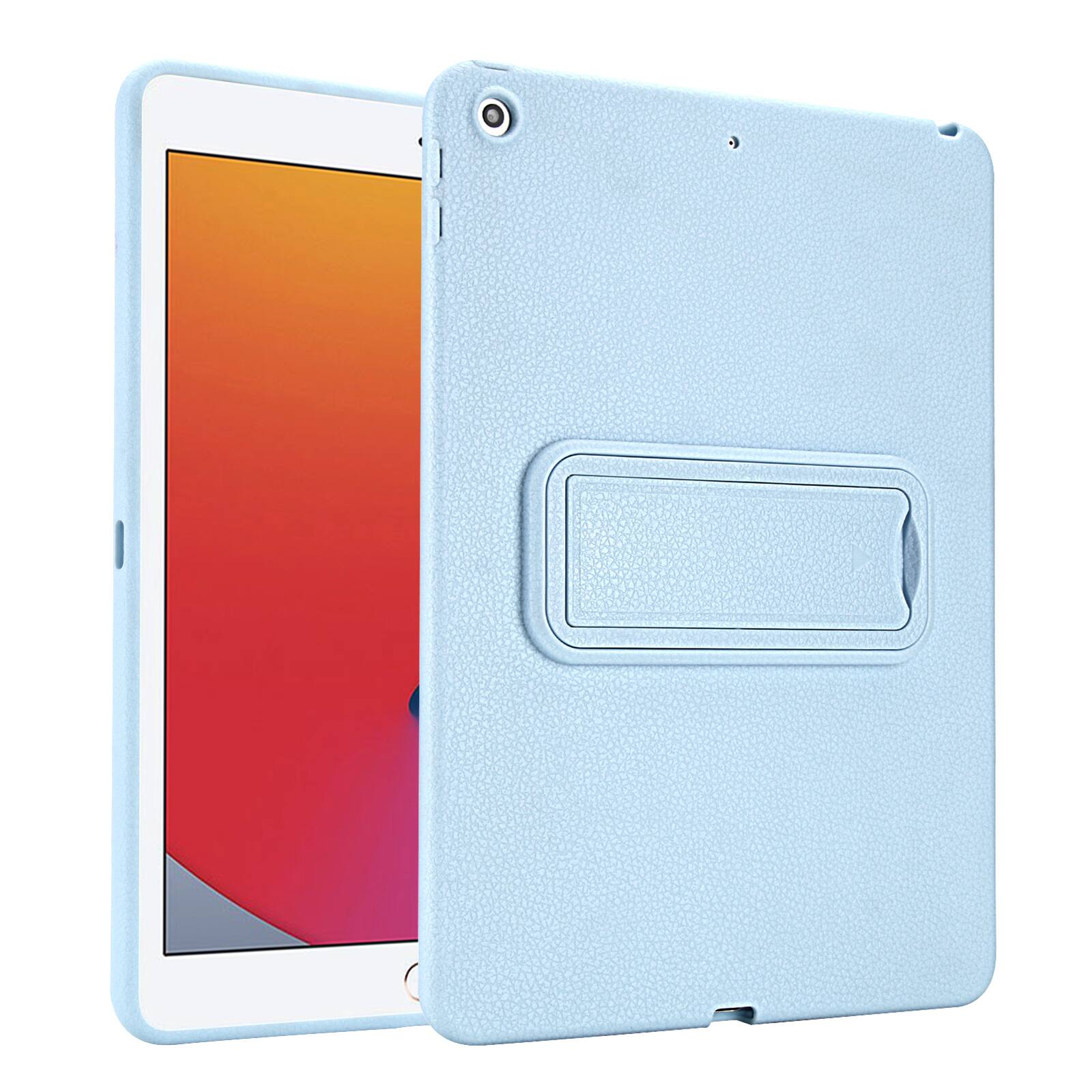 Angle. Dteck - Shockproof Case for Apple iPad (9th Generation) 10.2" 2021, Slim Leather Texture Protective Cover with Folding Kickstand - Lightblue.