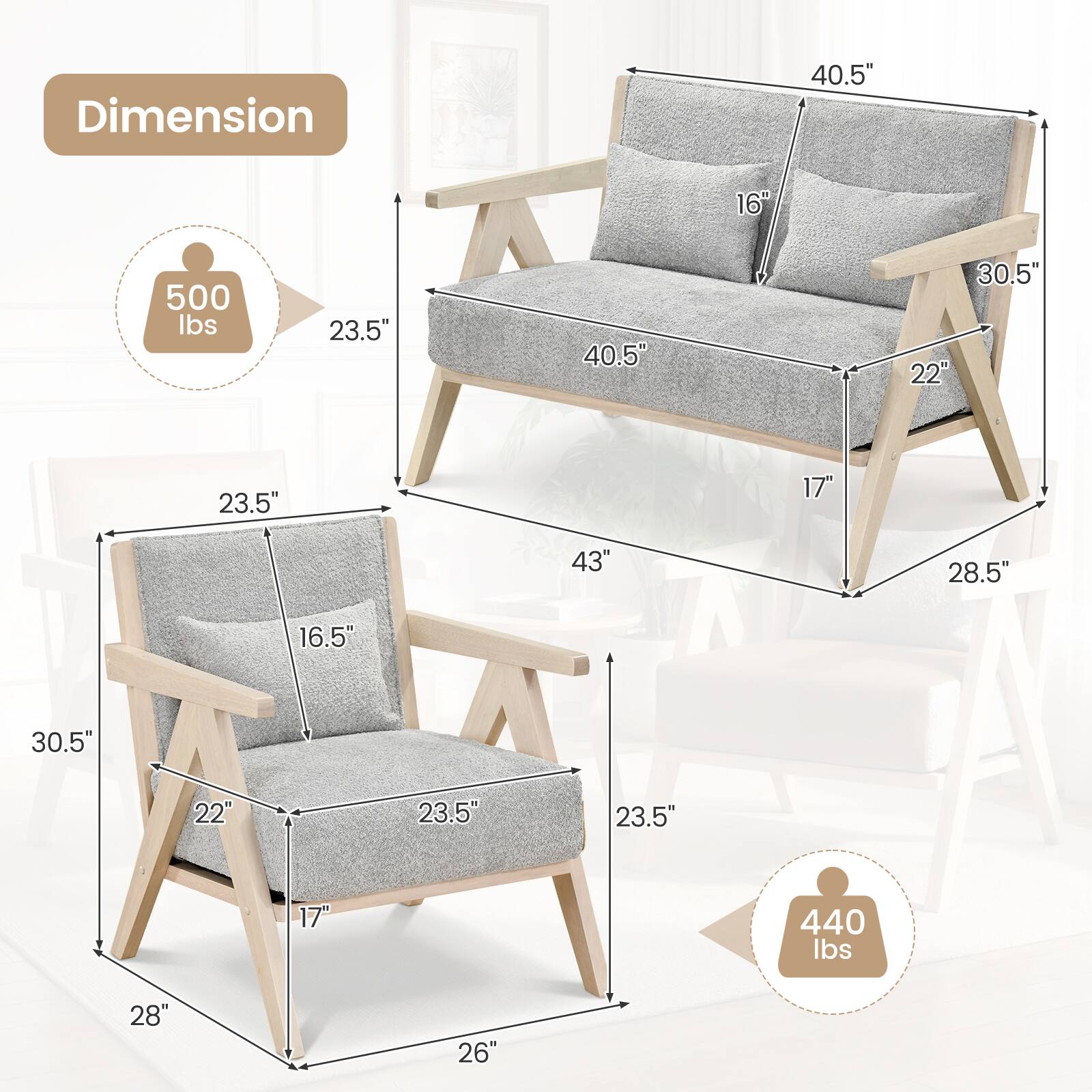 Dimension  
40.5" x 16" x 500 lbs  
23.5" x 40.5" x 30.5" x 22" x 23.5" x 17"  
43" x 28.5" x 16.5" x 30.5" x 22" x 23.5" x 17"  
440 lbs  
28" x 26"