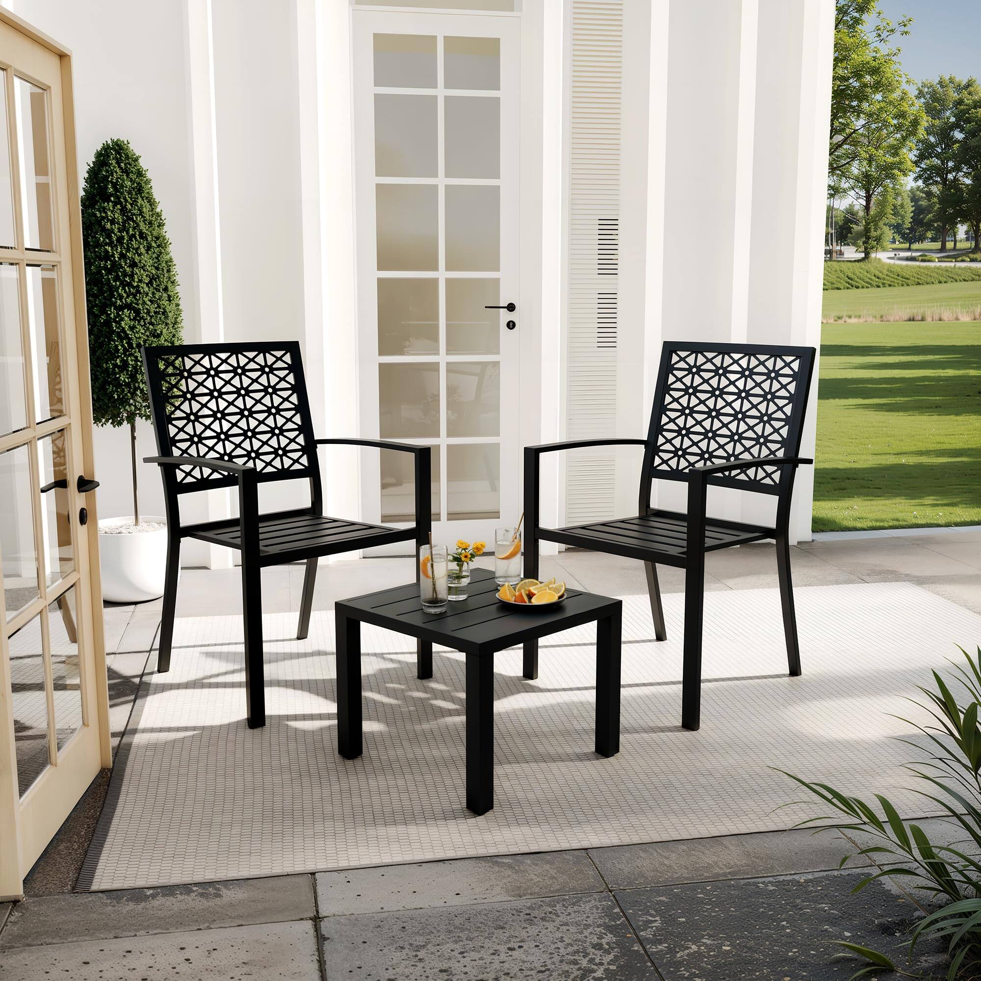 Alt View 3. Homhougo - 3-Piece Bistro Set, Outdoor Bistro Set, Stackable Metal Square Table and Chairs - Black.