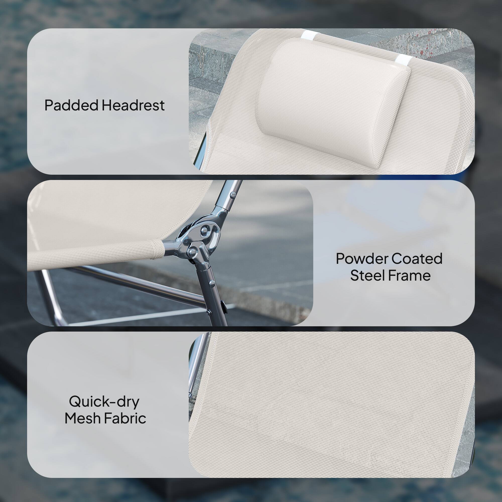 - Padded Headrest
- Powder Coated Steel Frame
- Quick-dry Mesh Fabric