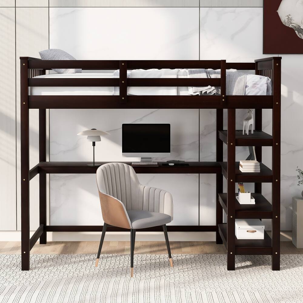 Alt View 1. Loheer - Loheer Twin Size Loft Bed with Desk and Storage Shelves, Espresso Wood Loft Bed with LED Lights - Espresso.