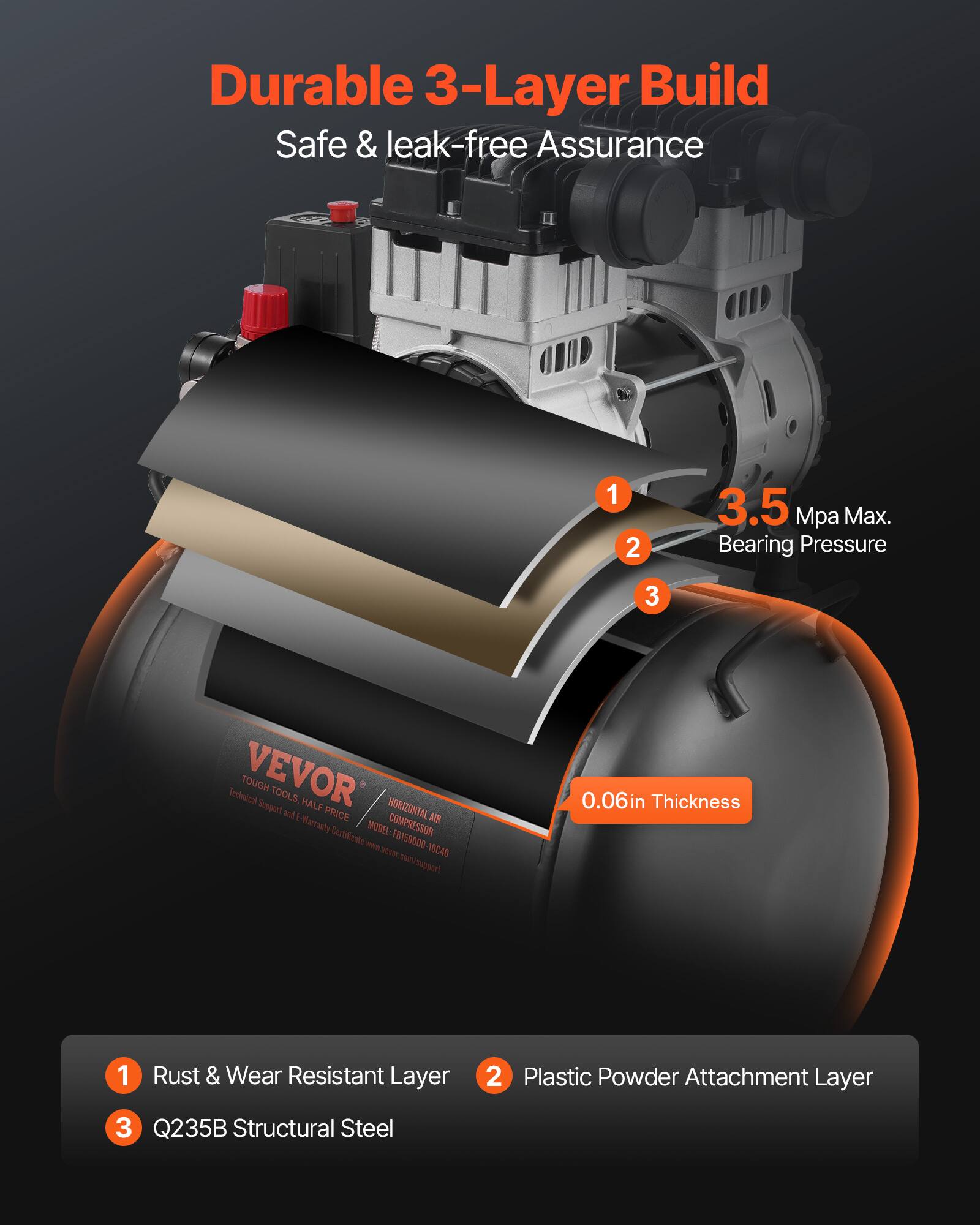 Durable 3-Layer Build Safe & leak-free Assurance

1. 3.5 Mpa Max. Bearing Pressure
2. 0.06in Thickness
3. Rust & Wear Resistant Layer
4. Plastic Powder Attachment Layer
5. Q235B Structural Steel

Technical VEVOR TOUGH Support TOOLS box HALF PRICE HORIZONTAL Marranty COMPRESSOR AIR. Certificate MODEL: vevor FB150000 10C48