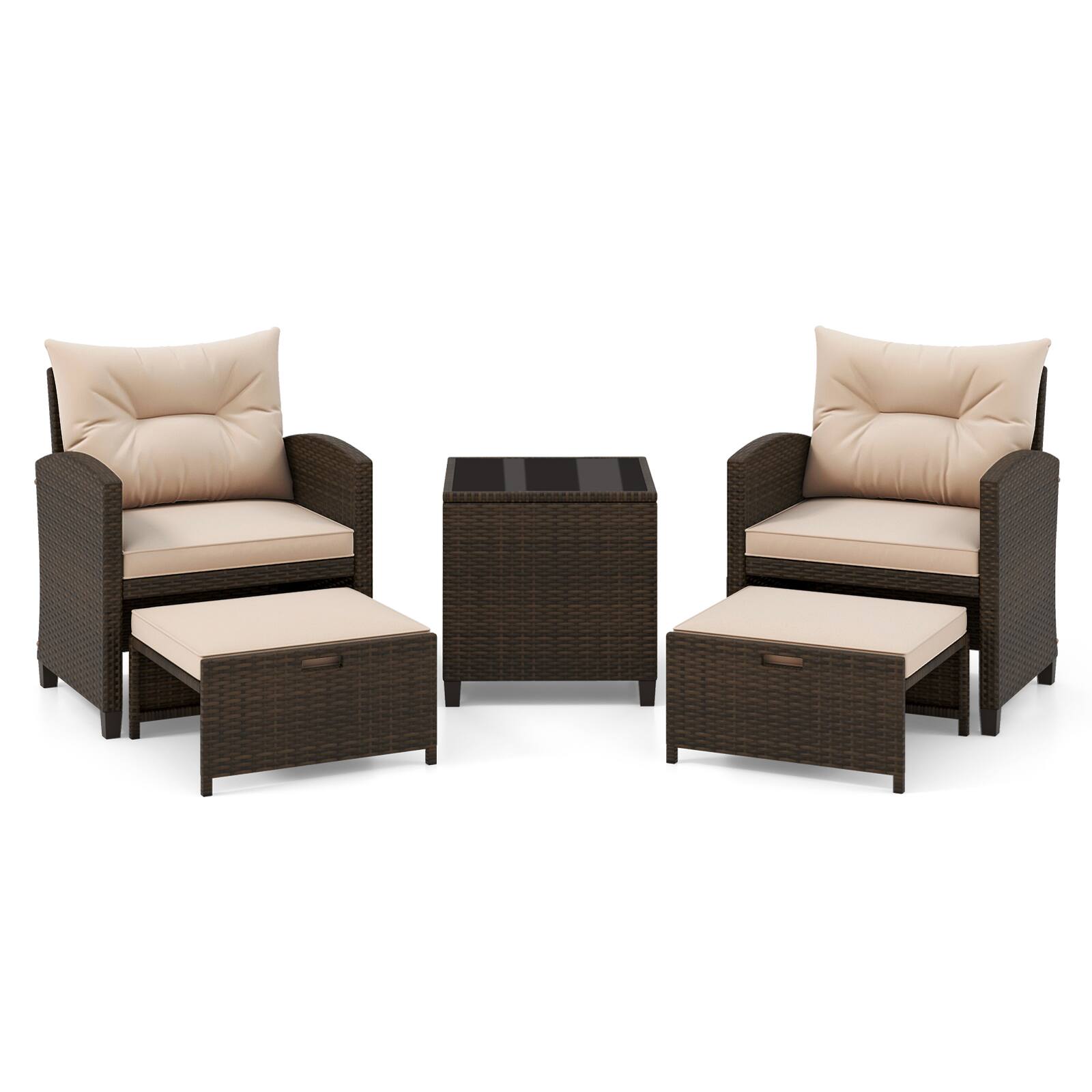 Alt View 9. Gymax - Gymax Set of 5 Patio Rattan Furniture w/ 2 Wicker Ottomans & Tempered Glass Coffee Table - Brown.