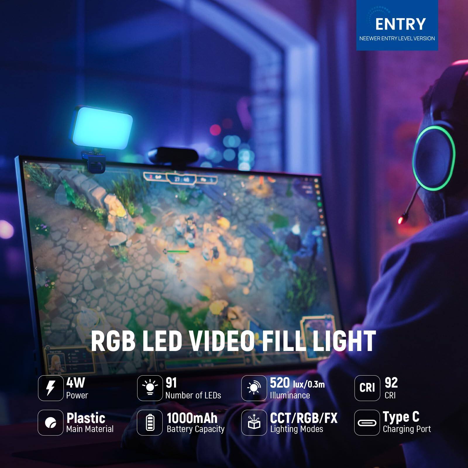 ENTRY NEWEER ENTRY LEVEL VERSION RGB LED VIDEO FILL LIGHT  
- 4W Power  
- 91 Number of LEDs  
- 520 lux/0.3m Illuminance  
- CRI 92  
- Plastic Main Material  
- 1000mAh Battery Capacity  
- CCT/RGB/FX Lighting Modes  
- Type C Charging Port