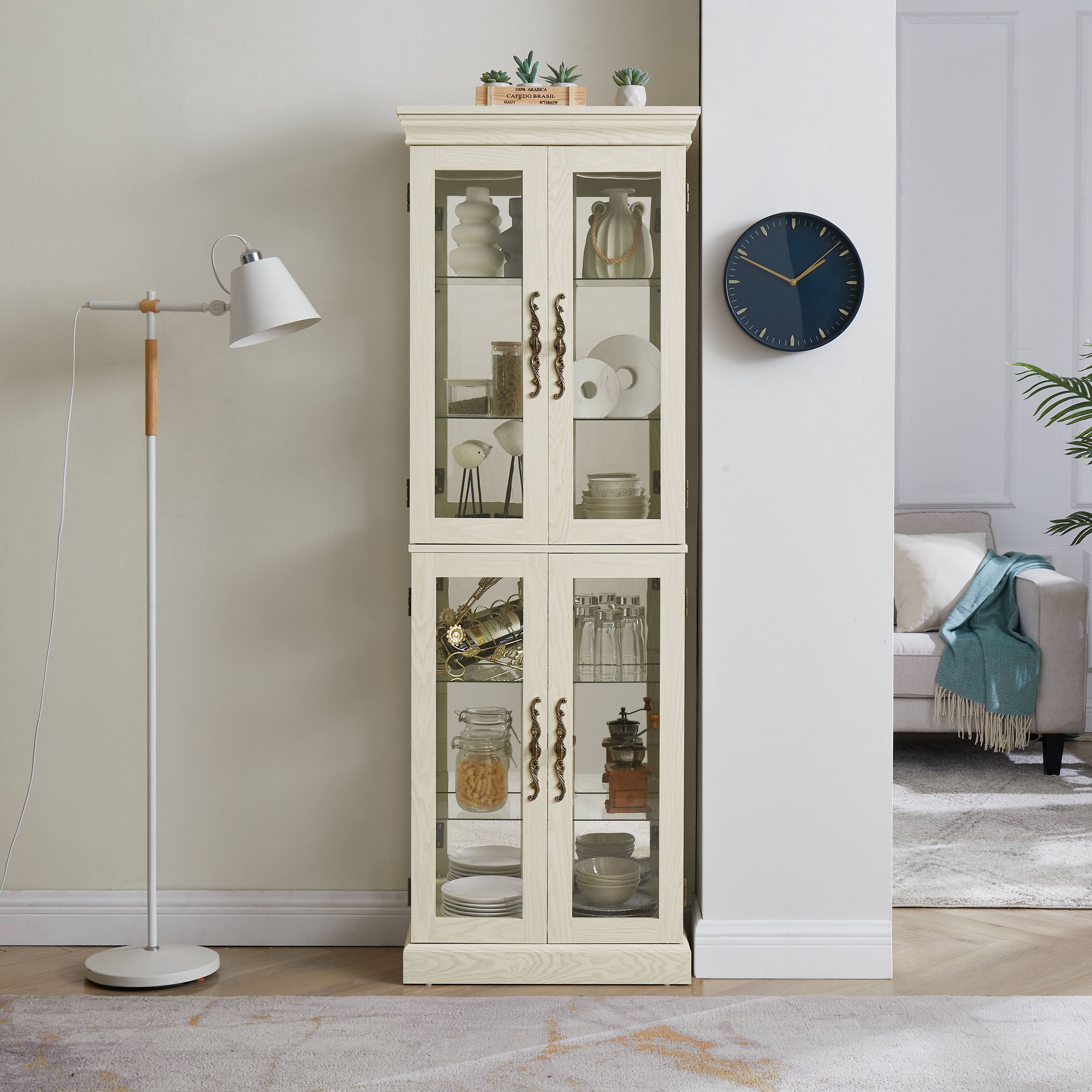 Front. Mirfee - Lighted Glass Curio Cabinet with Wood Frame, for Display in Living Room Kitchen - Antique White.