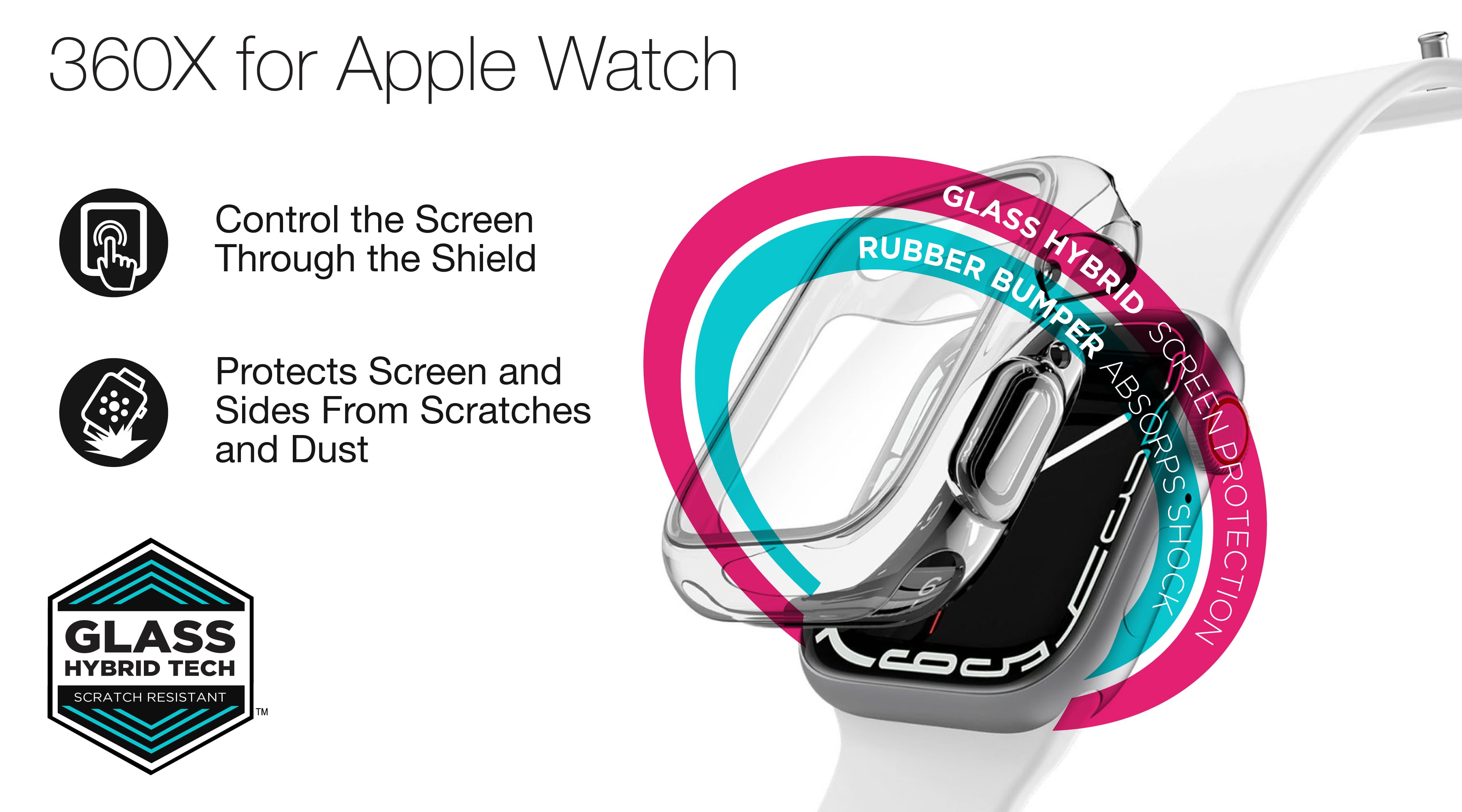 The text on the image reads: "360X for Apple Watch. Control the screen through the shield. Protects screen and sides from scratches and dust. GLASS HYBRID TECH. SCRATCH RESISTANT TM. GLASS RUBBER HYBRID BUMPER. ABSORBS SHOCK PROTECTION. CE."