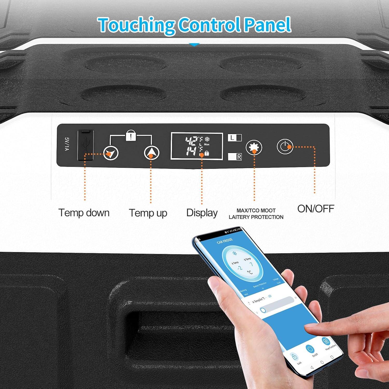 Touching Control Panel

- Temp down
- Temp up
- Display
- MAX/TCO MOOT
- LAITERY PROTECTION
- ON/OFF

CAR FRIDGE

- Temp: -2°C
- 1h 7m
- Target: 20°C
- Status: Running
- Battery: 100%