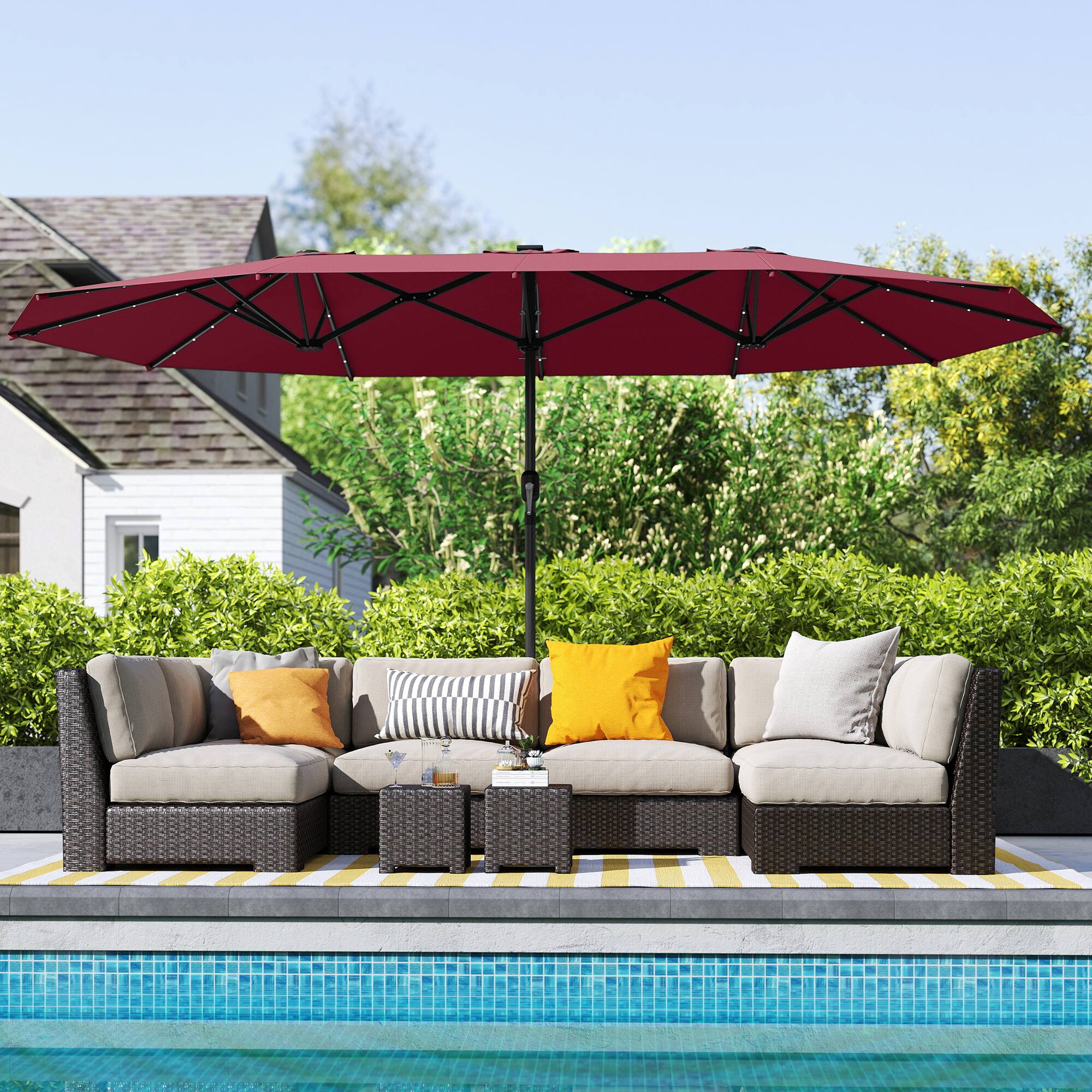 Alt View 8. Outsunny - Parasol, Double-Sided Sun Umbrella with LED Solar Lights, Patio Parasol for Outdoor - Wine Red.