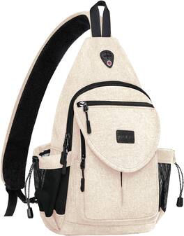mosiso - Sling Backpack Canvas Crossbody Hiking Daypack Bag with Anti-theft Pocket - Beige