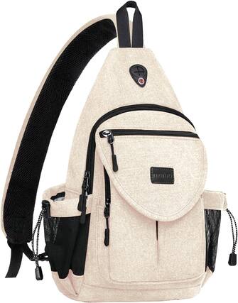 Front. mosiso - Sling Backpack Canvas Crossbody Hiking Daypack Bag with Anti-theft Pocket - Beige.