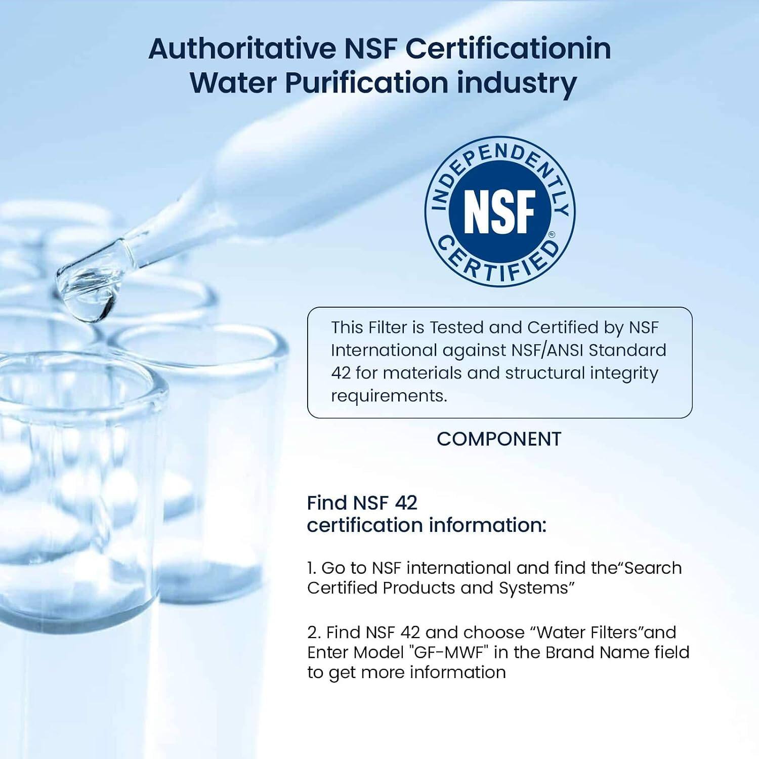 Authoritative NSF Certification in Water Purification Industry

This Filter is Tested and Certified by NSF International against NSF/ANSI Standard 42 for materials and structural integrity requirements.

COMPONENT

Find NSF 42 certification information:
1. Go to NSF International and find the "Search Certified Products and Systems"
2. Find NSF 42 and choose "Water Filters" and Enter Model "GF-MWF" in the Brand Name field to get more information