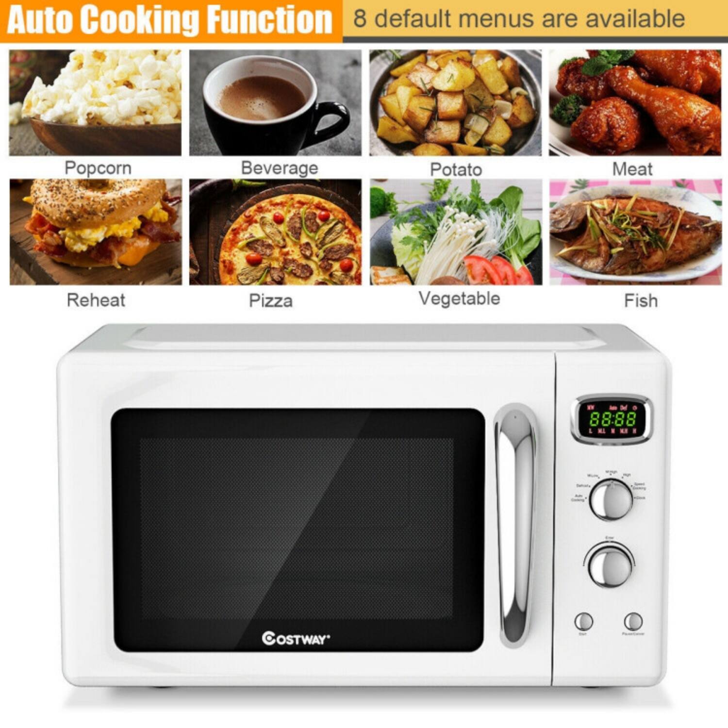 Auto Cooking Function  
8 default menus are available  
- Popcorn  
- Beverage  
- Potato  
- Meat  
- Reheat  
- Pizza  
- Vegetable  
- Fish  

88:88  
LEIUI OSTWAY*