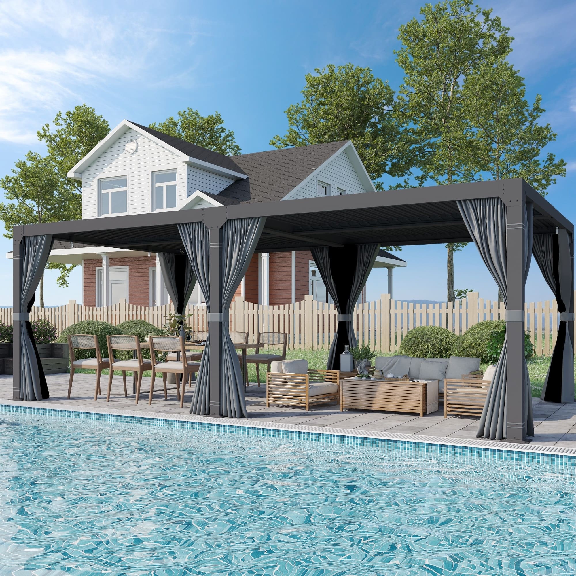 Front. U-HOMY - 12x24 Louvered Pergola with Adjustable Roof, Aluminum Patio Gazebo with Curtains and Drainage System for Backyard Decks - Dark Gray.