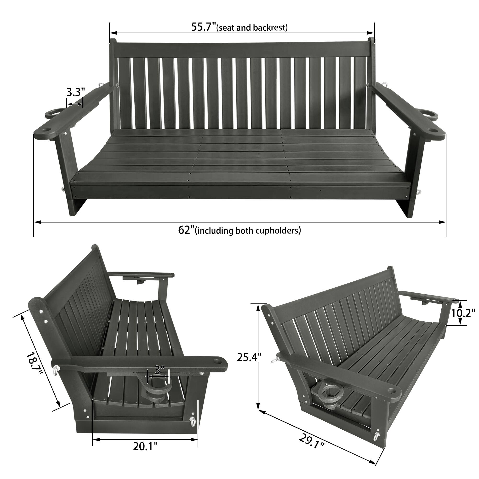 55.7" (seat and backrest)  
3.3"  
62" (including both cupholders)  
10.2"  
18.7"  
25.4"  
20.1"  
29.1"