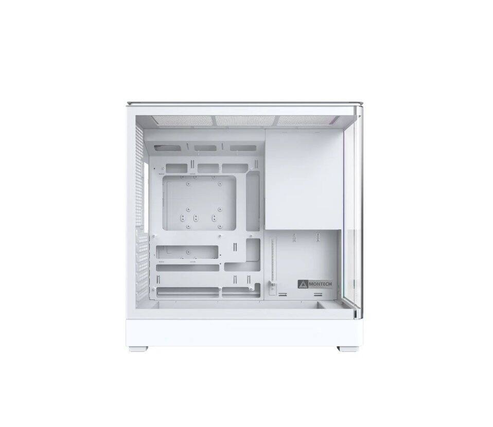 Left. Montech - KING 45 KING45W ATX PC Case, Curved Panoramic Glass, Chimney Airflow, 360mm Radiator Support - White.