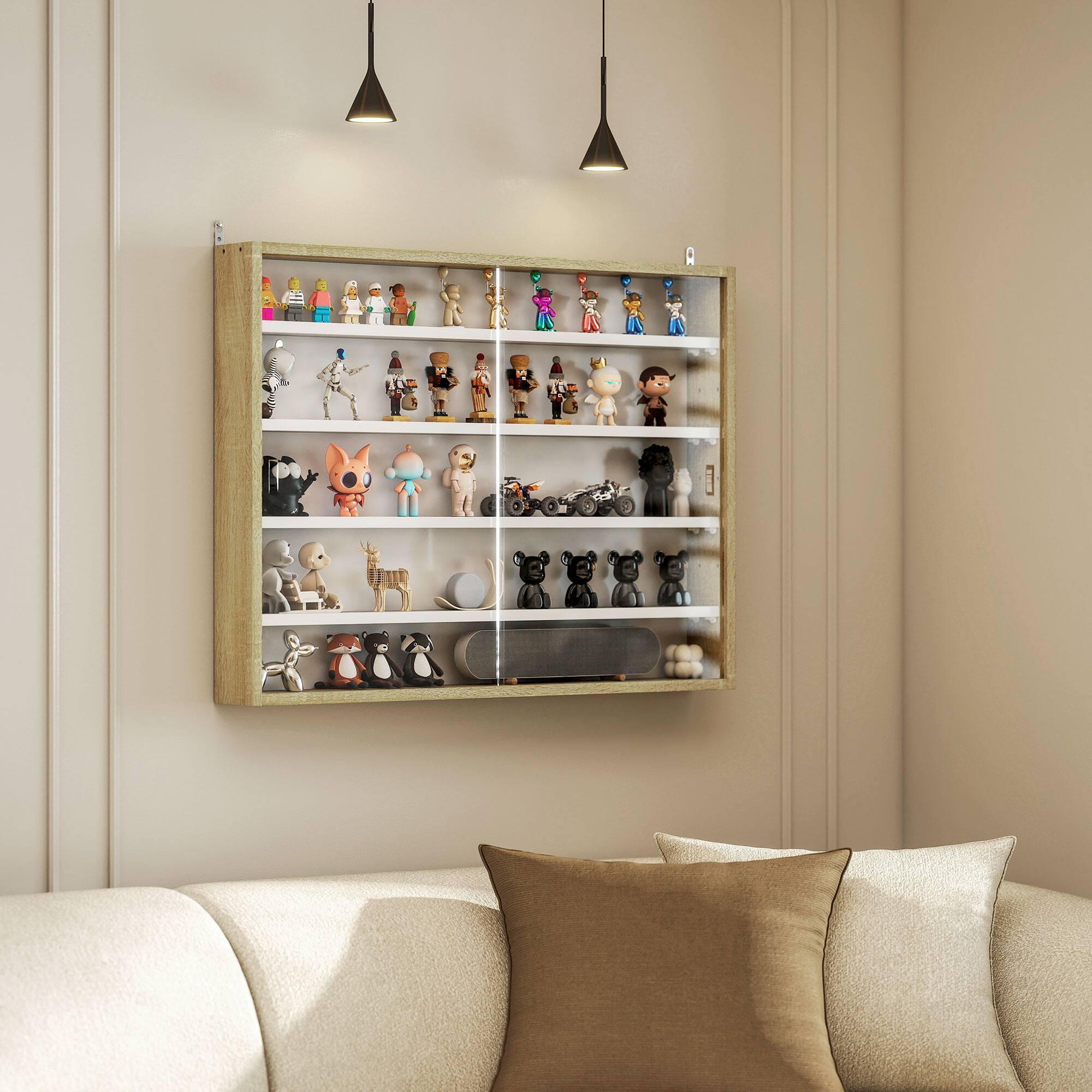 Alt View 1. Homcom - 5-Tier Display Cabinet, Wall-Mounted Display Case with 2 Glass Doors and Adjustable Shelves - Oak.
