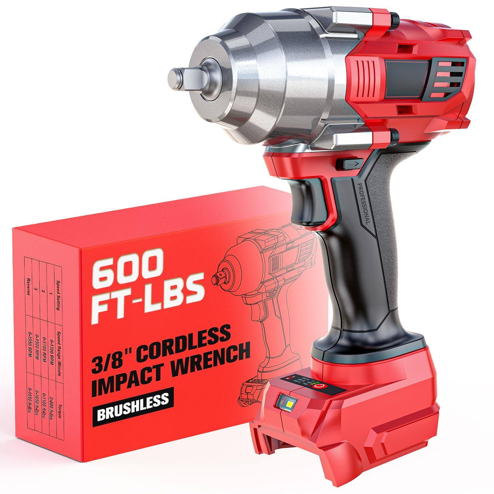 Sure, here is the corrected and grouped text from the image:

---

**600 FT-LBS**

**3/8" CORDLESS IMPACT WRENCH**

**BRUSHLESS**

**PROFESSIONAL**

**Speed Setting**

- 0-1300 RPM

**Torque Setting**

- 0-1950 FT-LBS

**Torque Setting**

- 0-1900 FT-LBS

**Torque Setting**

- 0-1700 FT-LBS

**Speed**

- 0-1300 RPM

**3/8"**

**BRUSHLESS**

**PROFESSIONAL**

---

This text is organized to reflect the specifications and features of the cordless impact wrench as shown on the packaging.