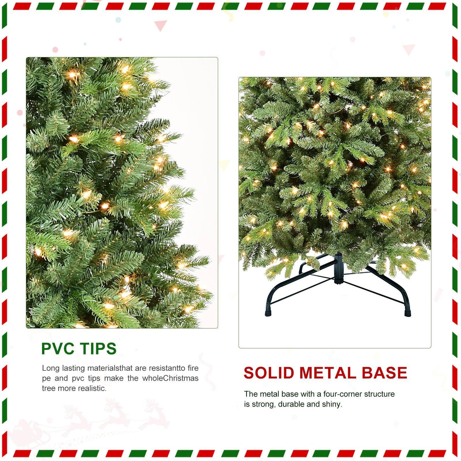 PVC TIPS  
Long-lasting materials that are resistant to fire, pe and pvc tips make the whole Christmas tree more realistic.

SOLID METAL BASE  
The metal base with a four-corner structure is strong, durable and shiny.