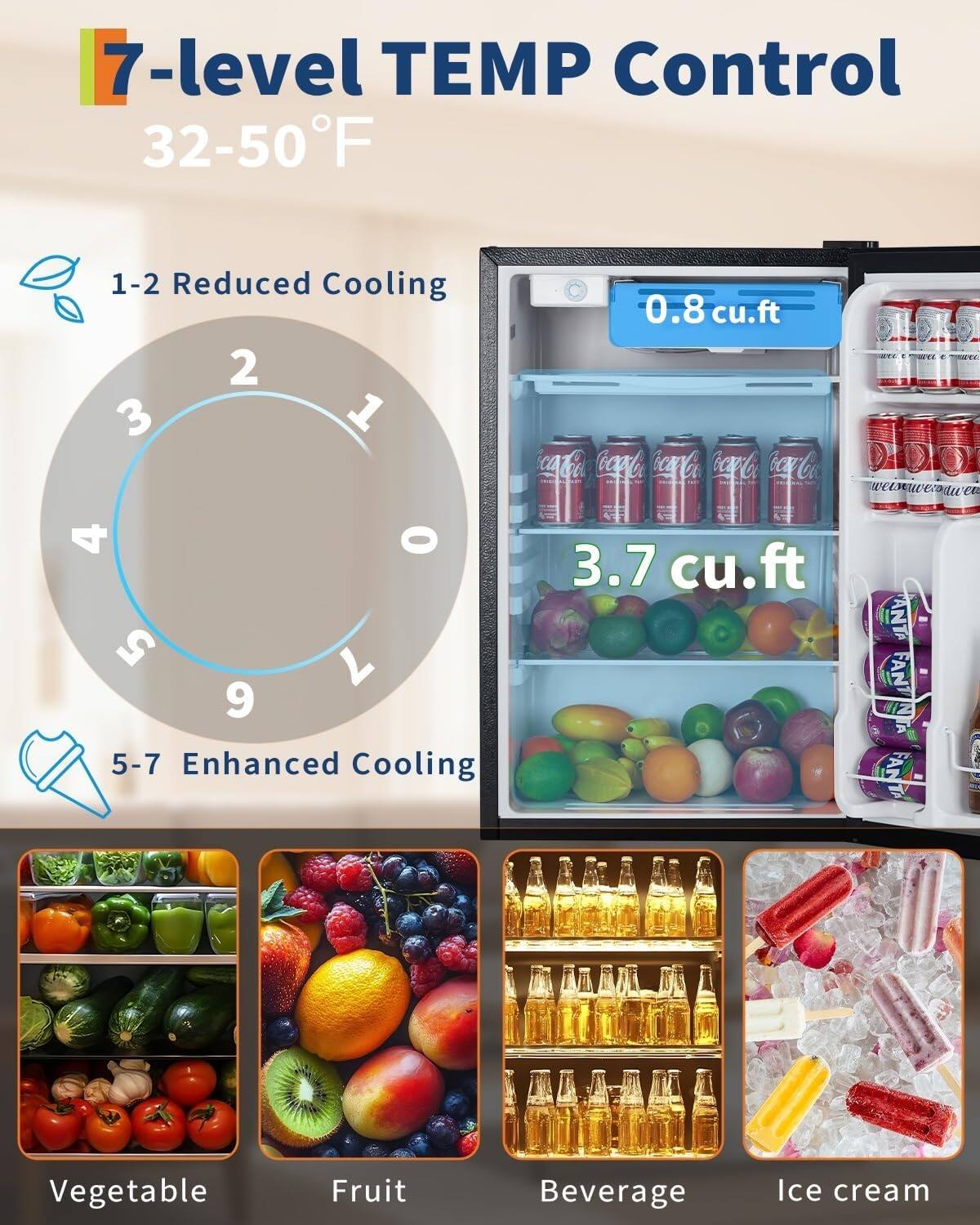7-level TEMP Control  
32-50°F  

1-2 Reduced Cooling  
5-7 Enhanced Cooling  

0.8 cu.ft  
3.7 cu.ft  

Vegetable  
Fruit  
Beverage  
Ice cream