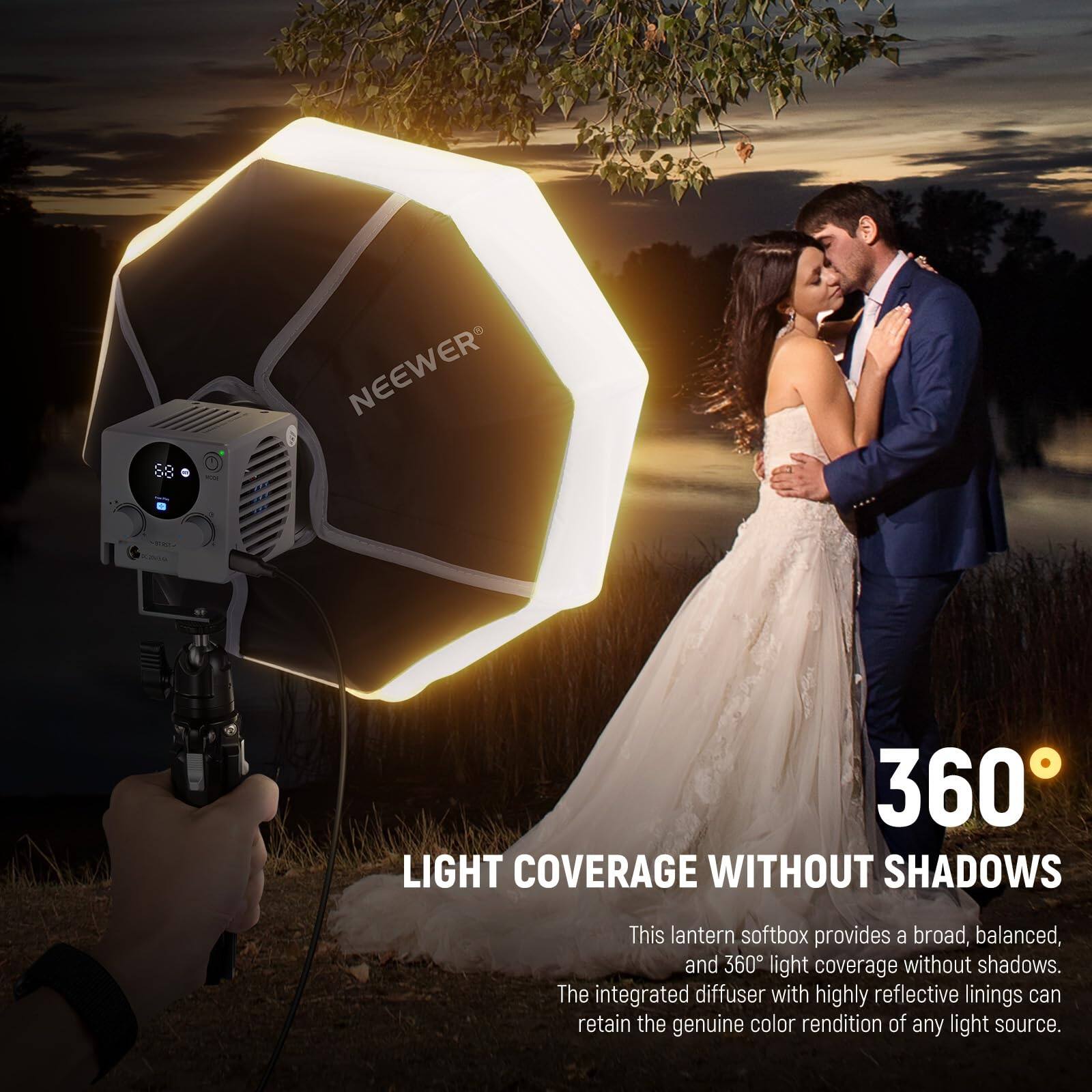 NEEWER 360° LIGHT COVERAGE WITHOUT SHADOWS

This lantern softbox provides a broad, balanced, and 360° light coverage without shadows. The integrated diffuser with highly reflective linings can retain the genuine color rendition of any light source.