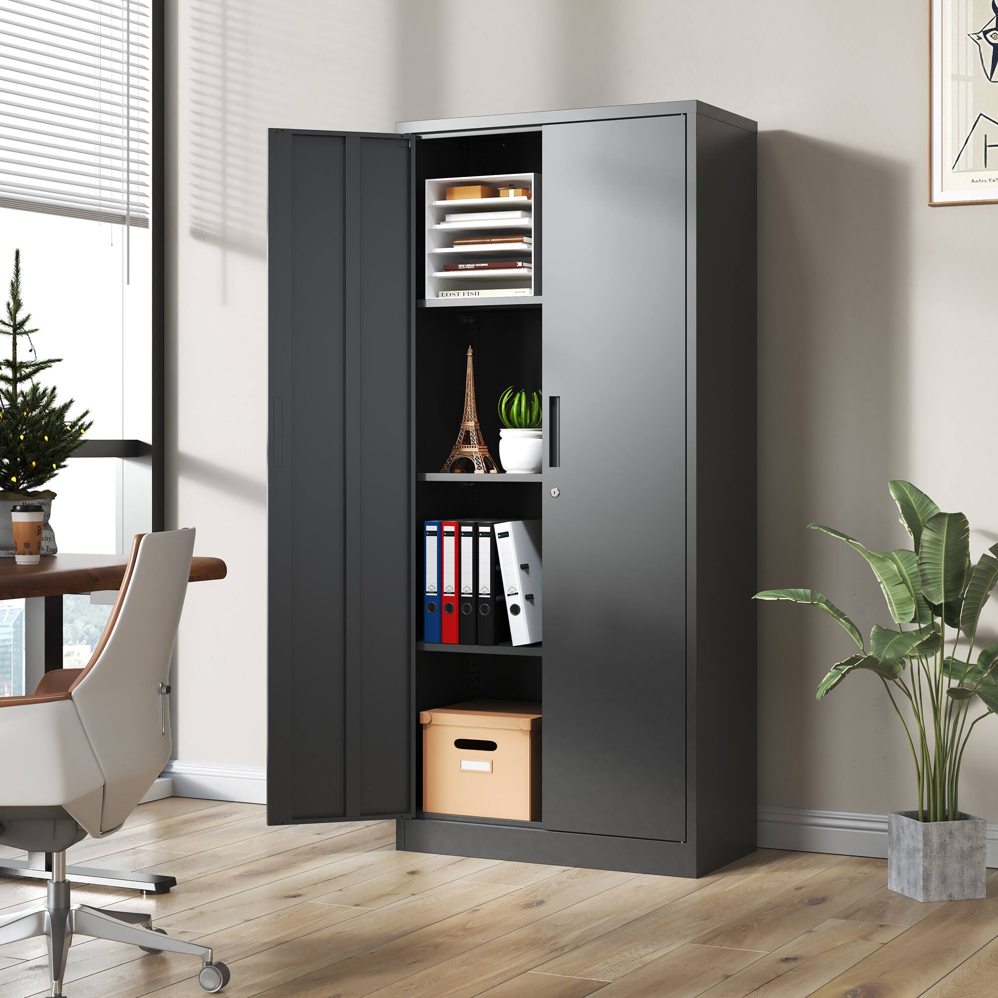 Angle. Anysun - Anysun 2-Door Multipurpose Large Metal Cabinet with Adjustable Shelves, Easy Installation - Black.