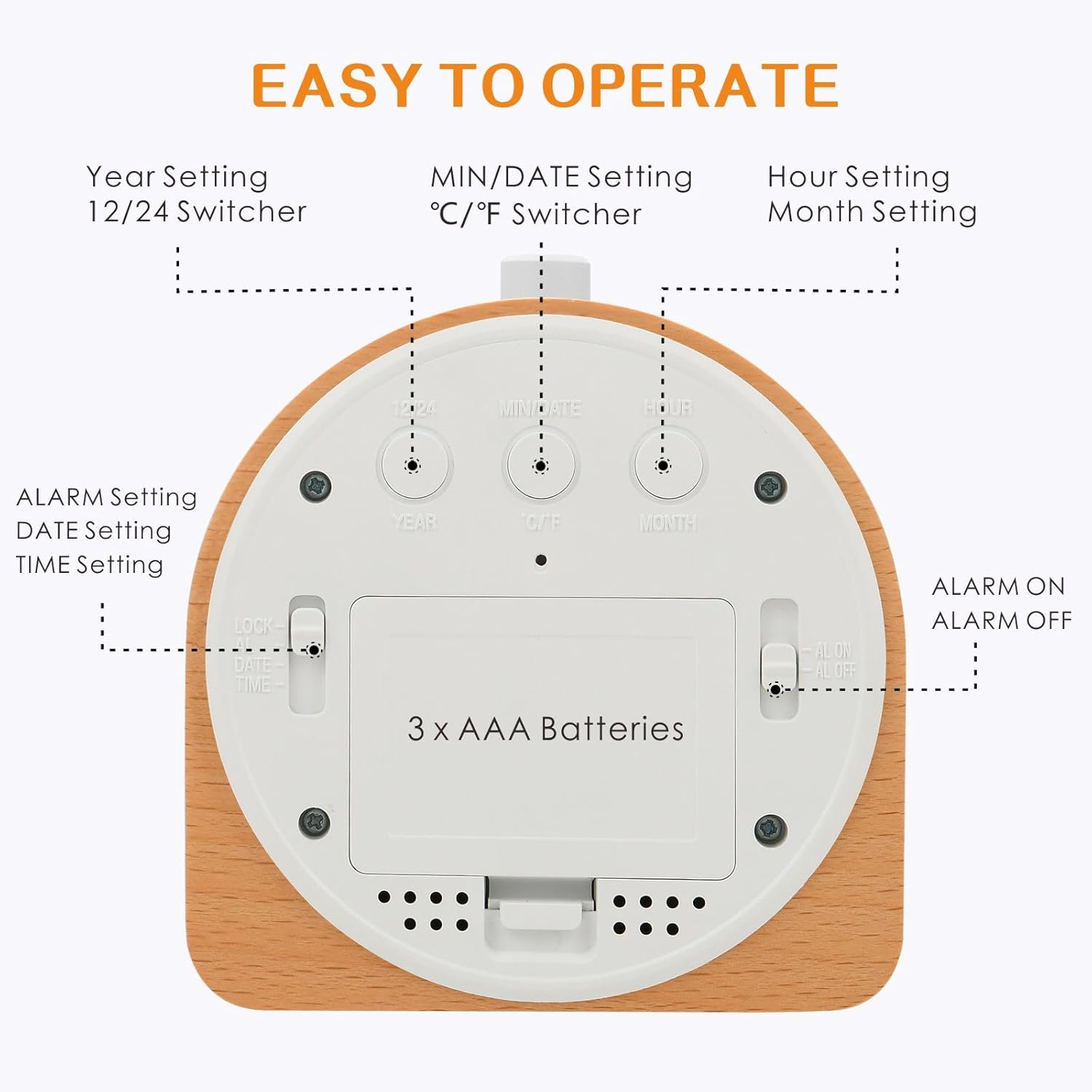 EASY TO OPERATE

- Year Setting
- 12/24 Switcher
- MIN/DATE Setting
- C/F Switcher
- Hour Setting
- Month Setting
- ALARM Setting
- DATE Setting
- TIME Setting
- LOCK
- DATE TIME YEAR
- C/F
- MONTH
- ALARM ON
- ALARM OFF
- 3 x AAA Batteries
