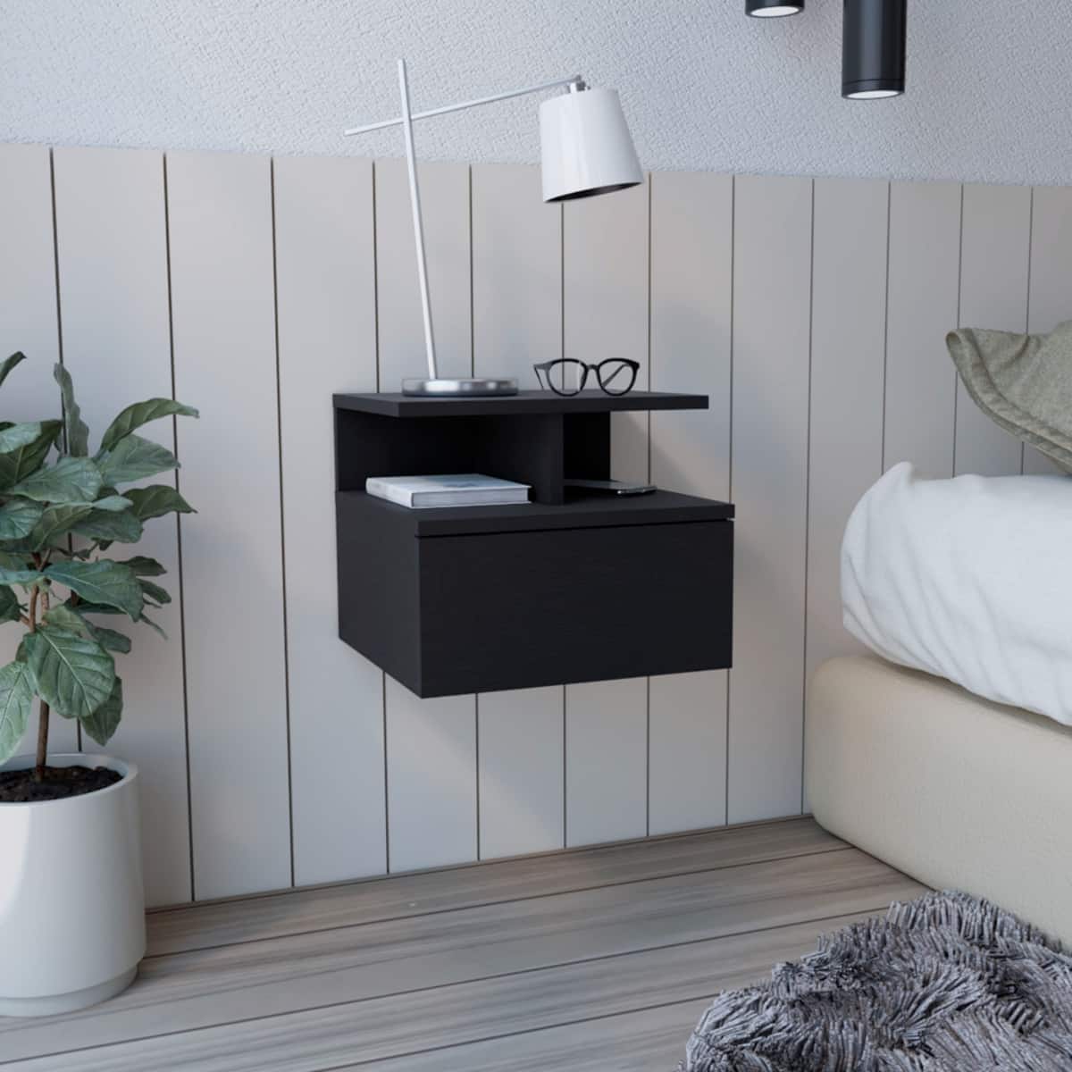 Loheer - Floating Nightstand with Drawer and Divided Shelf, 14-Inch Wall-Mounted Bedside Table - Black