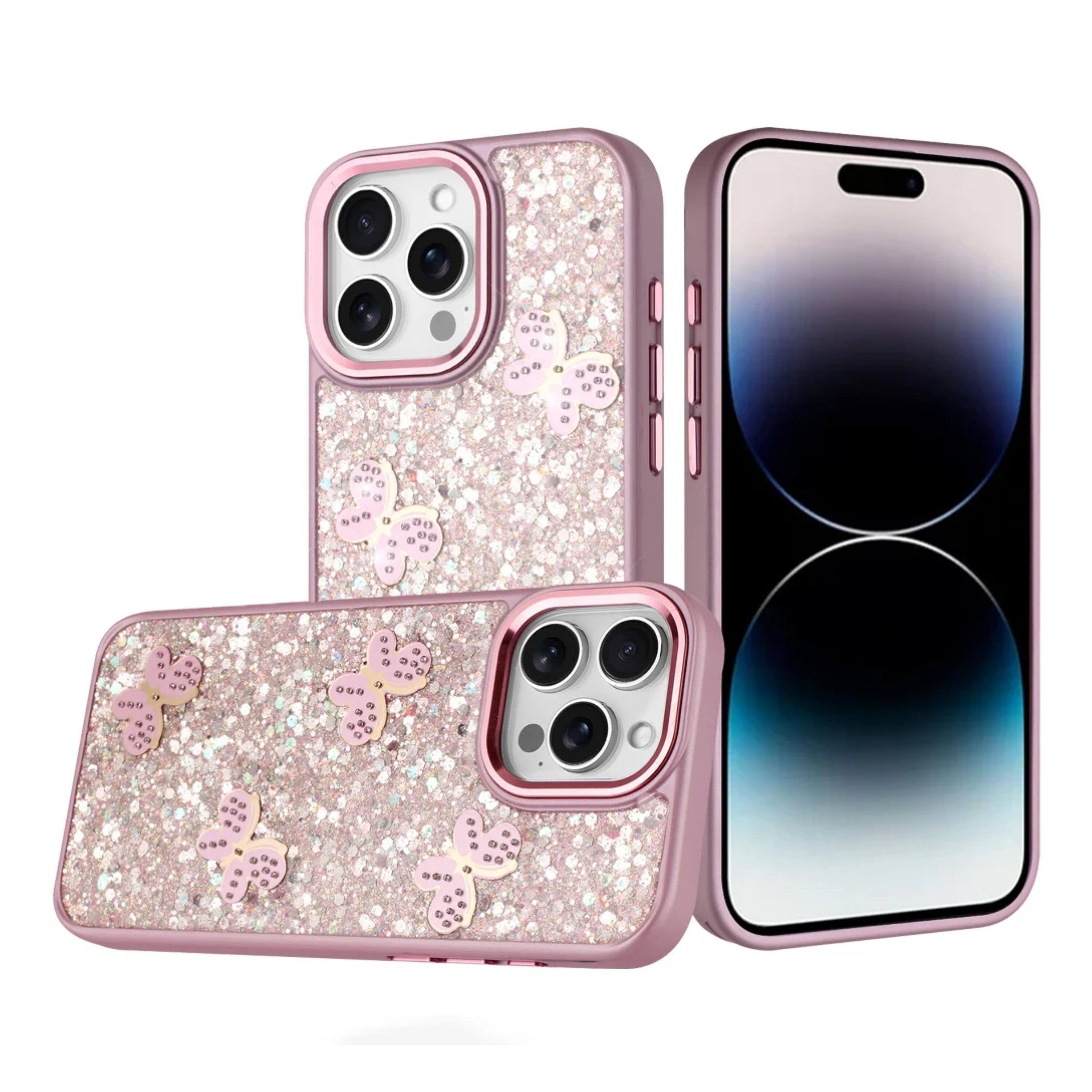 Angle. Kitcheniva - Full Glitter Flakes Butterflies Phone Case For iPhone 14 Pro Max Pink - Pink.