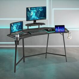 PexFix - Gaming Desk with Monitor Shelf, 55" Computer Desk with Accessory Holders for Home Office - Black